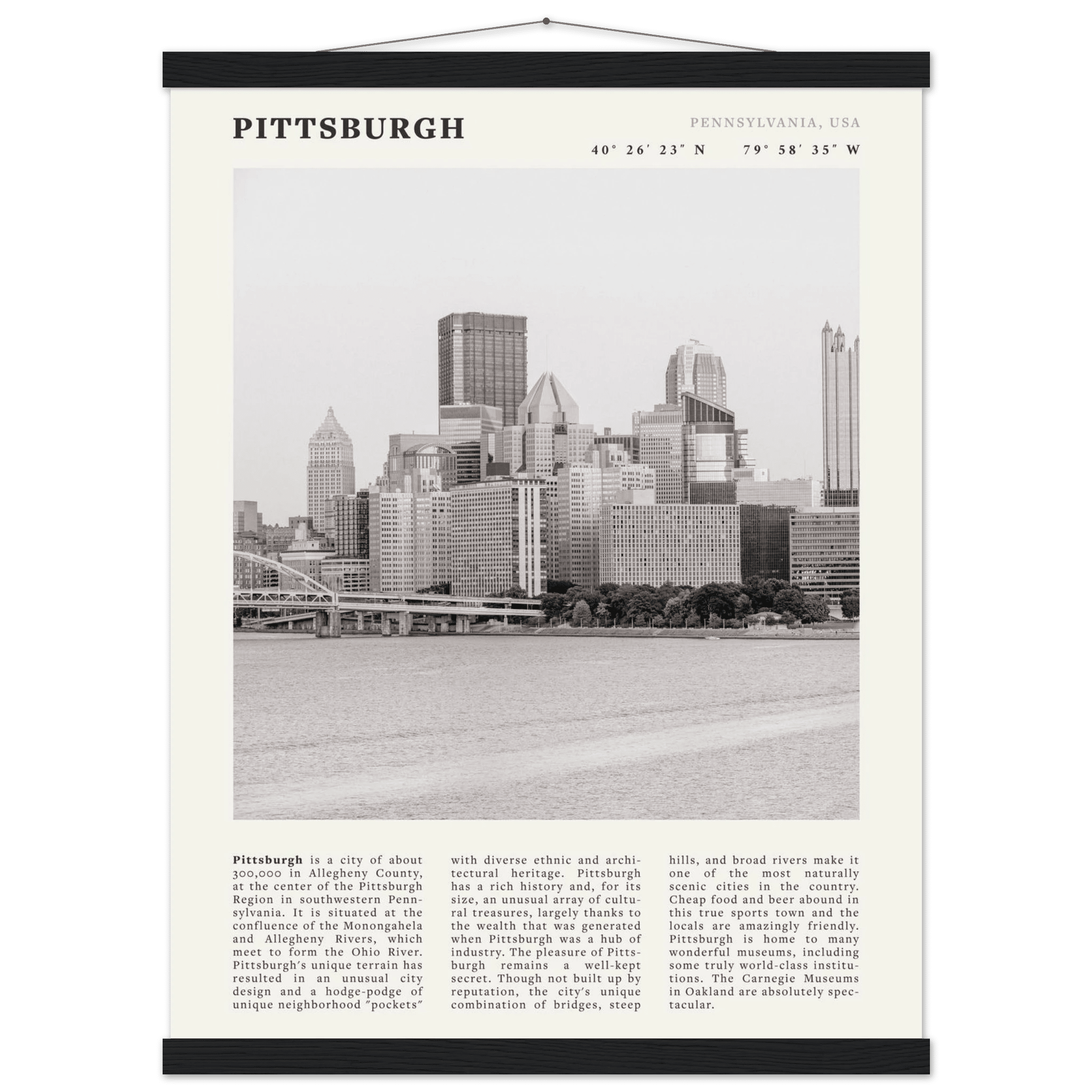 Pittsburgh Poster | Black & White Pennsylvania Skyline Wall Art | PA Travel Print - Evergreen Posters