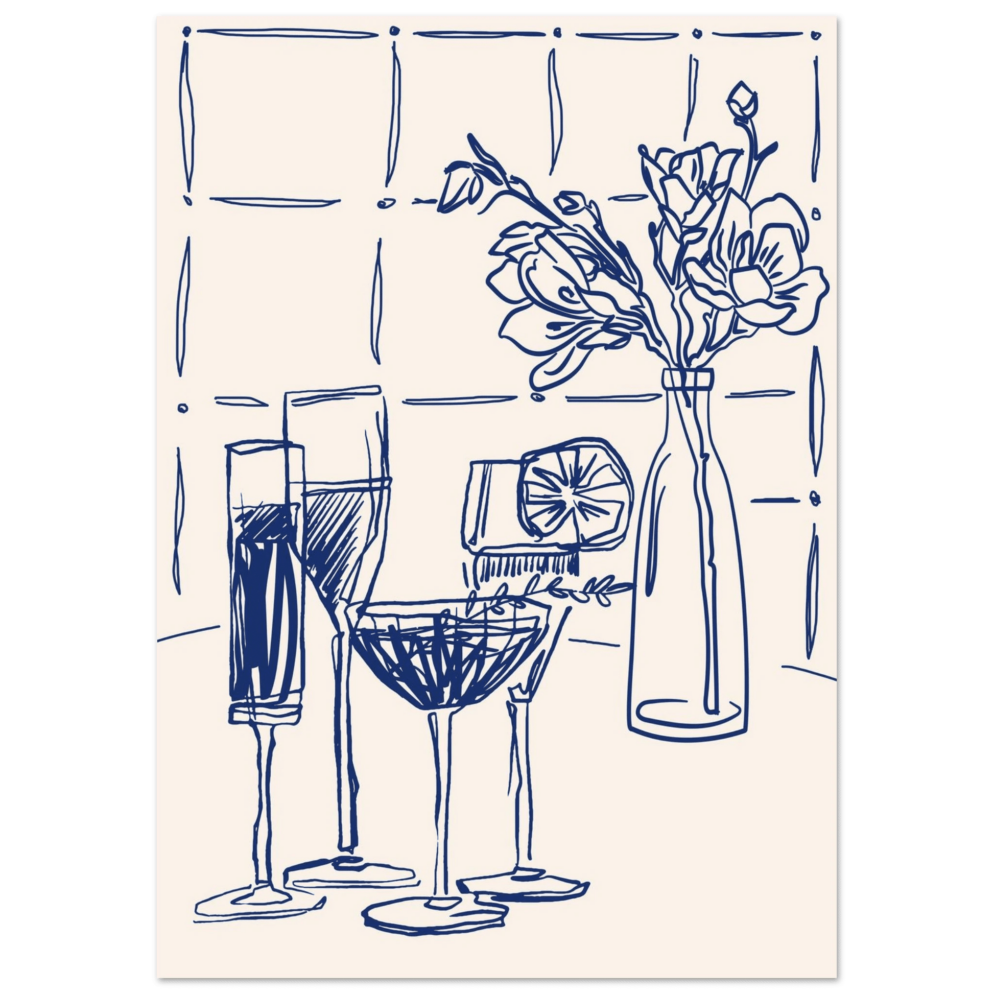 Cocktails & Flowers Print | Navy Blue Line Art Drinks Wall Art | Kitchen Bar Poster - Evergreen Posters