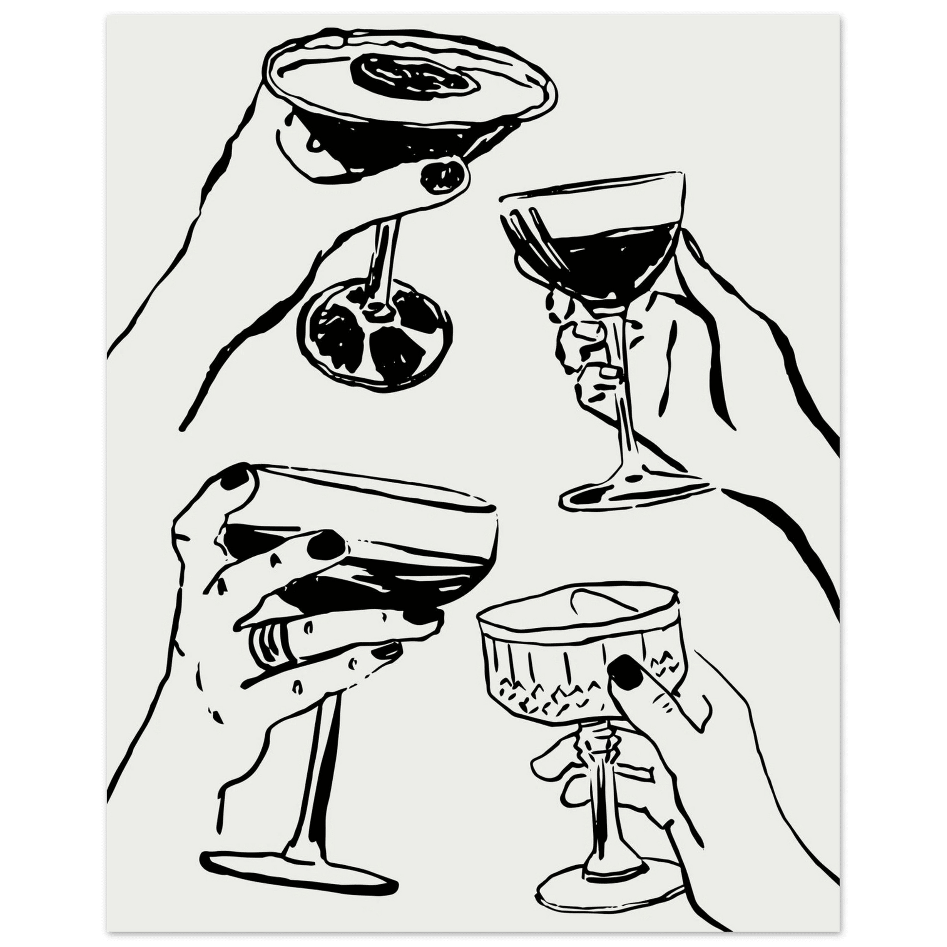 Cheers Print | Black Line Art Cocktail Glasses Wall Art | Kitchen Bar Poster - Evergreen Posters