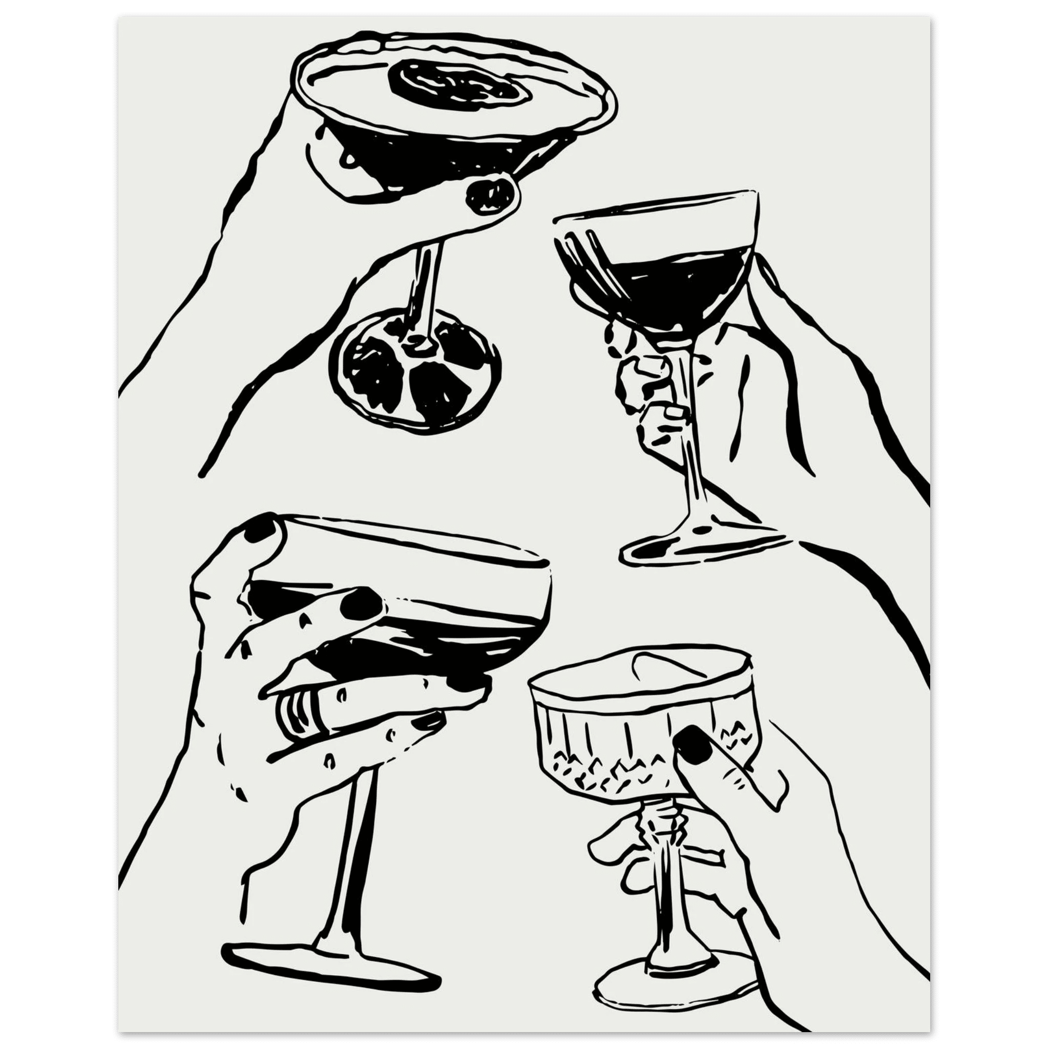 Cheers Print | Black Line Art Cocktail Glasses Wall Art | Kitchen Bar Poster - Evergreen Posters