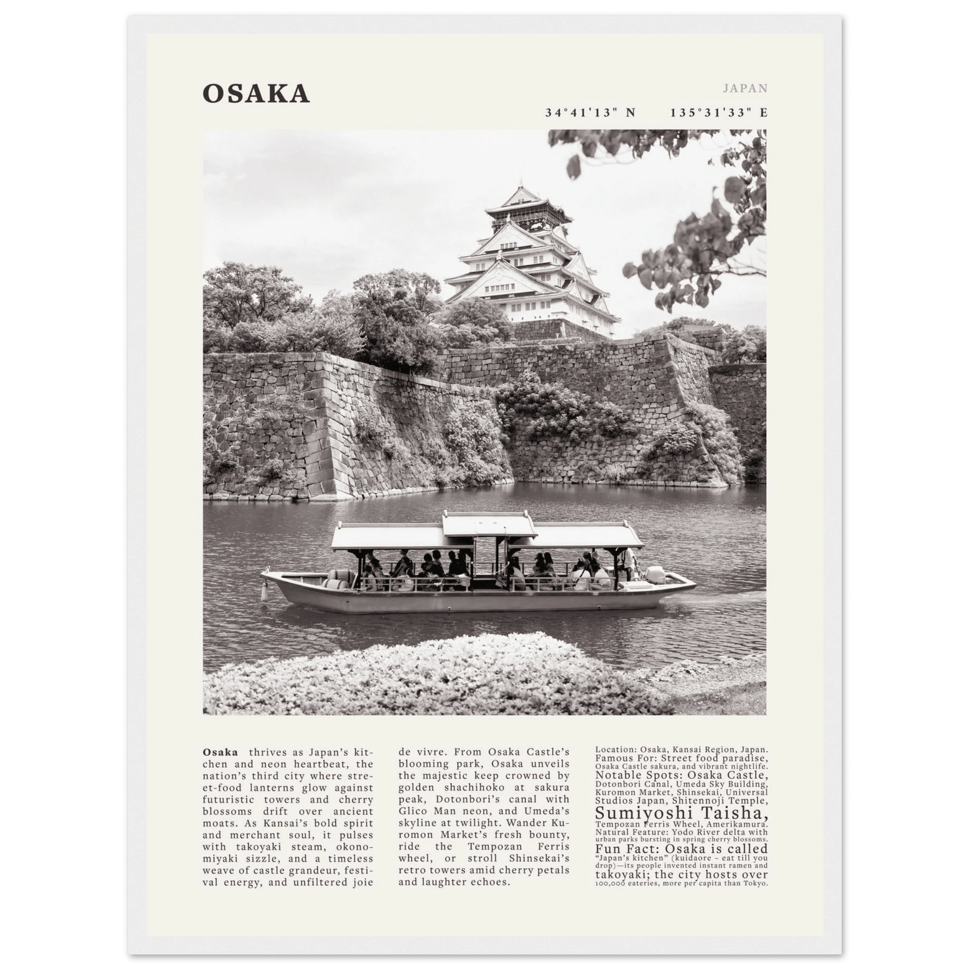 Osaka Poster Black and White – Vintage Osaka Castle Cherry Blossom Print (Digital & Printed Options) - Evergreen Posters