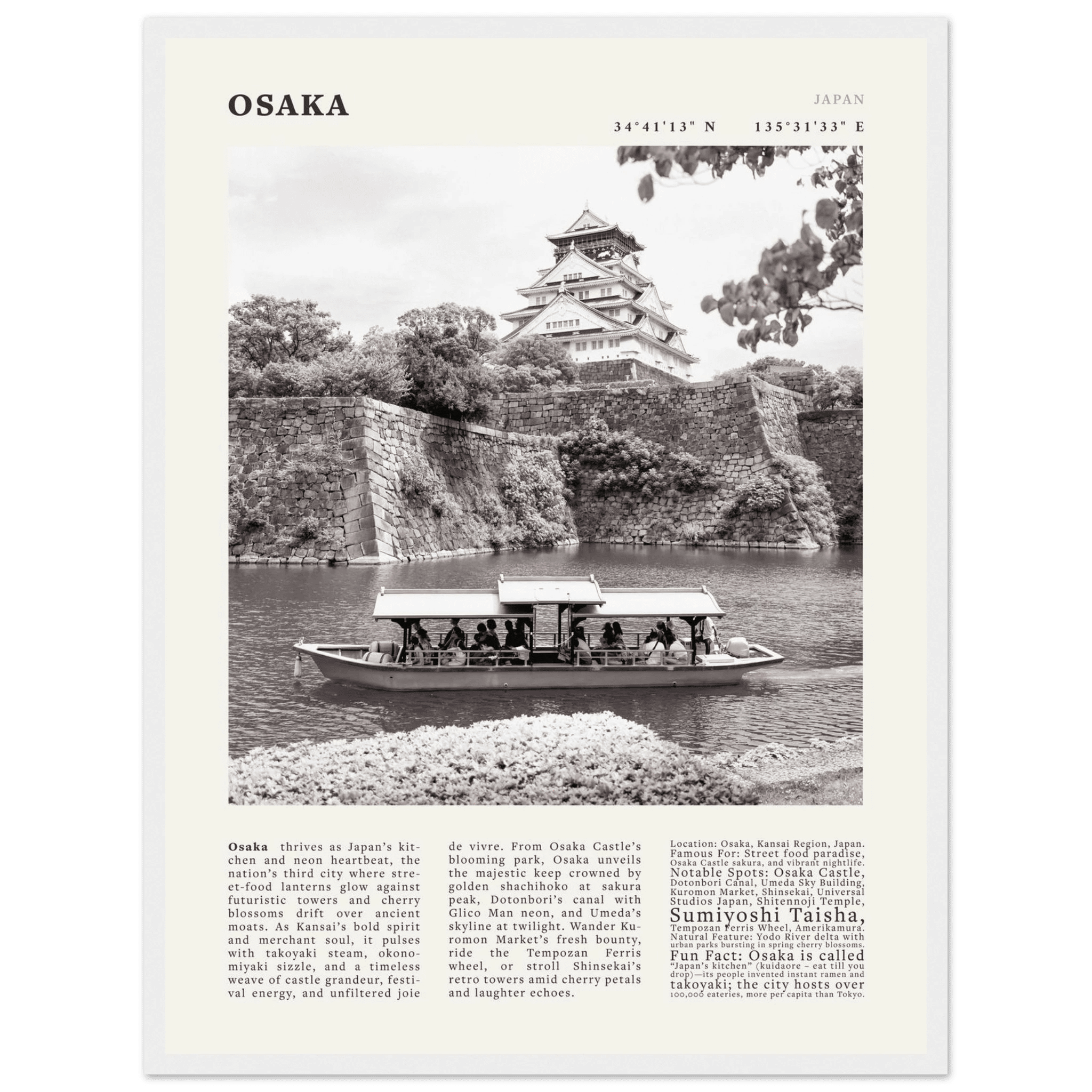 Osaka Poster Black and White – Vintage Osaka Castle Cherry Blossom Print (Digital & Printed Options) - Evergreen Posters