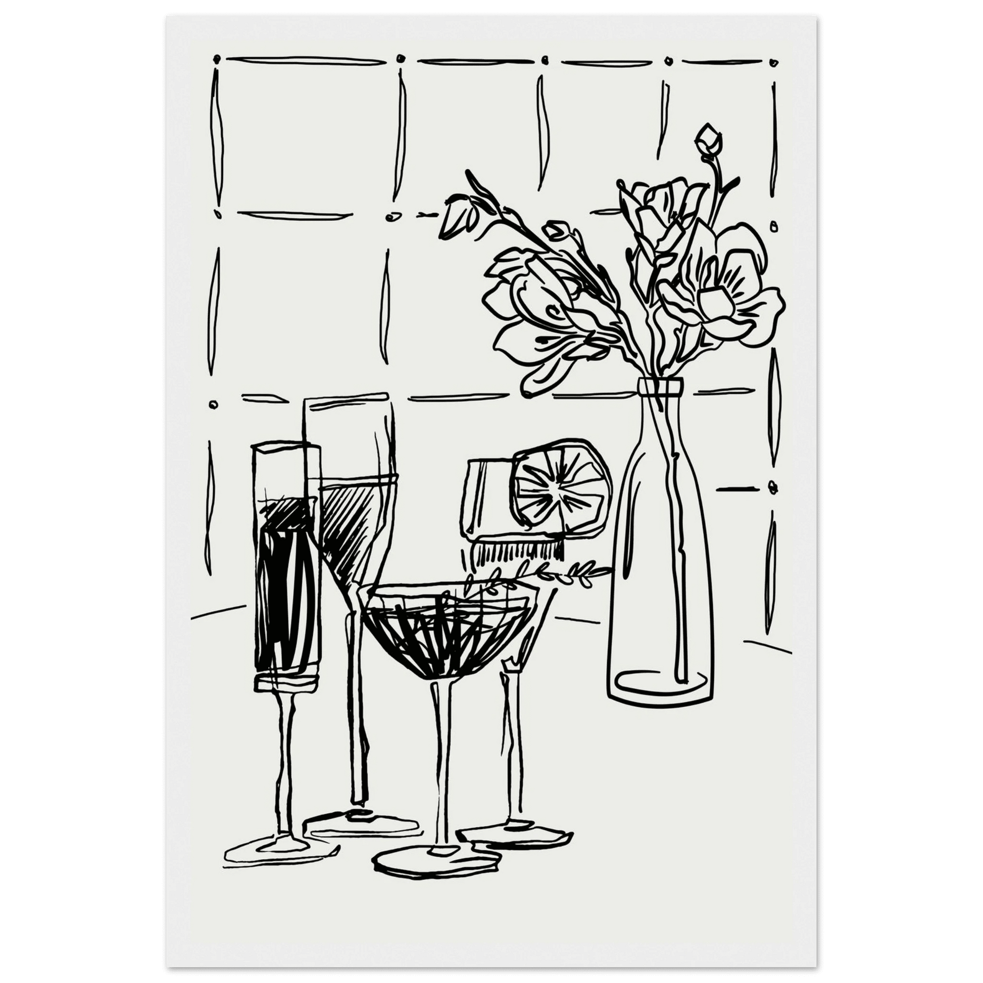 Cocktails & Flowers Print | Black Line Art Drinks Wall Art | Kitchen Bar Poster - Evergreen Posters