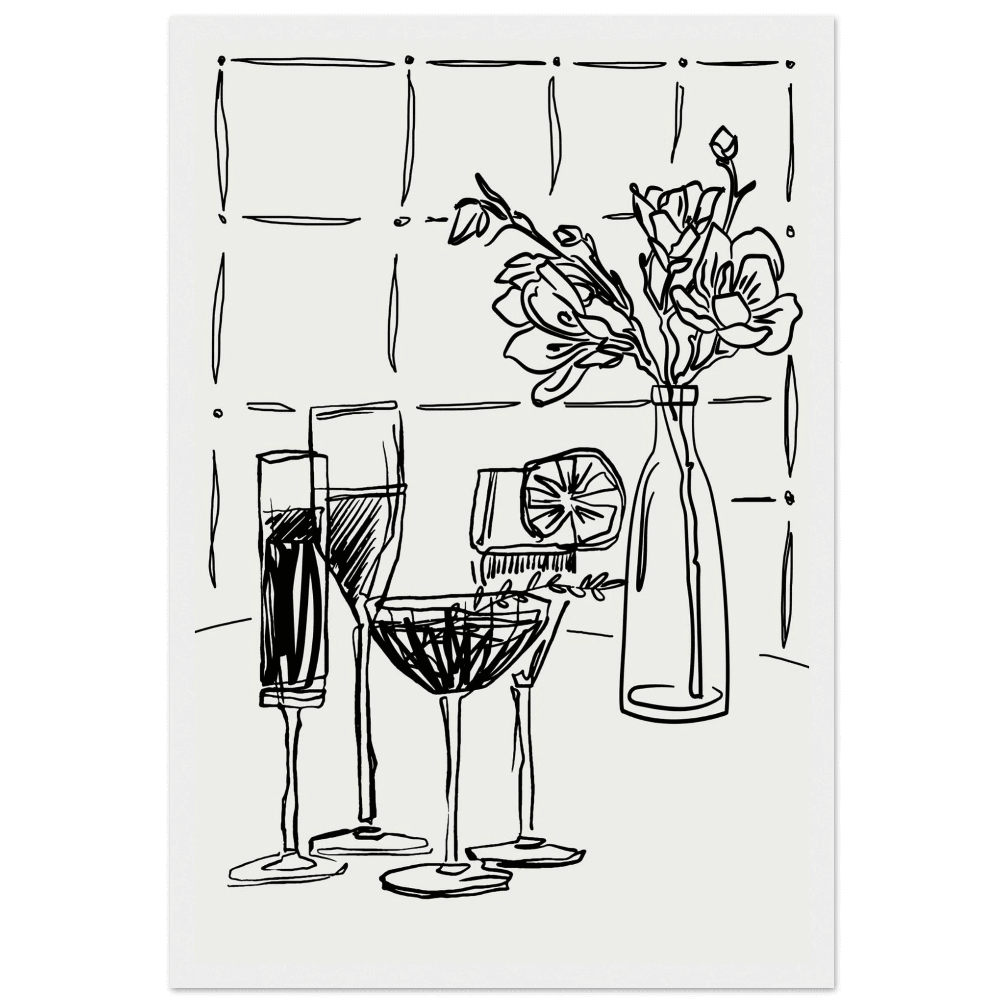 Cocktails & Flowers Print | Black Line Art Drinks Wall Art | Kitchen Bar Poster - Evergreen Posters