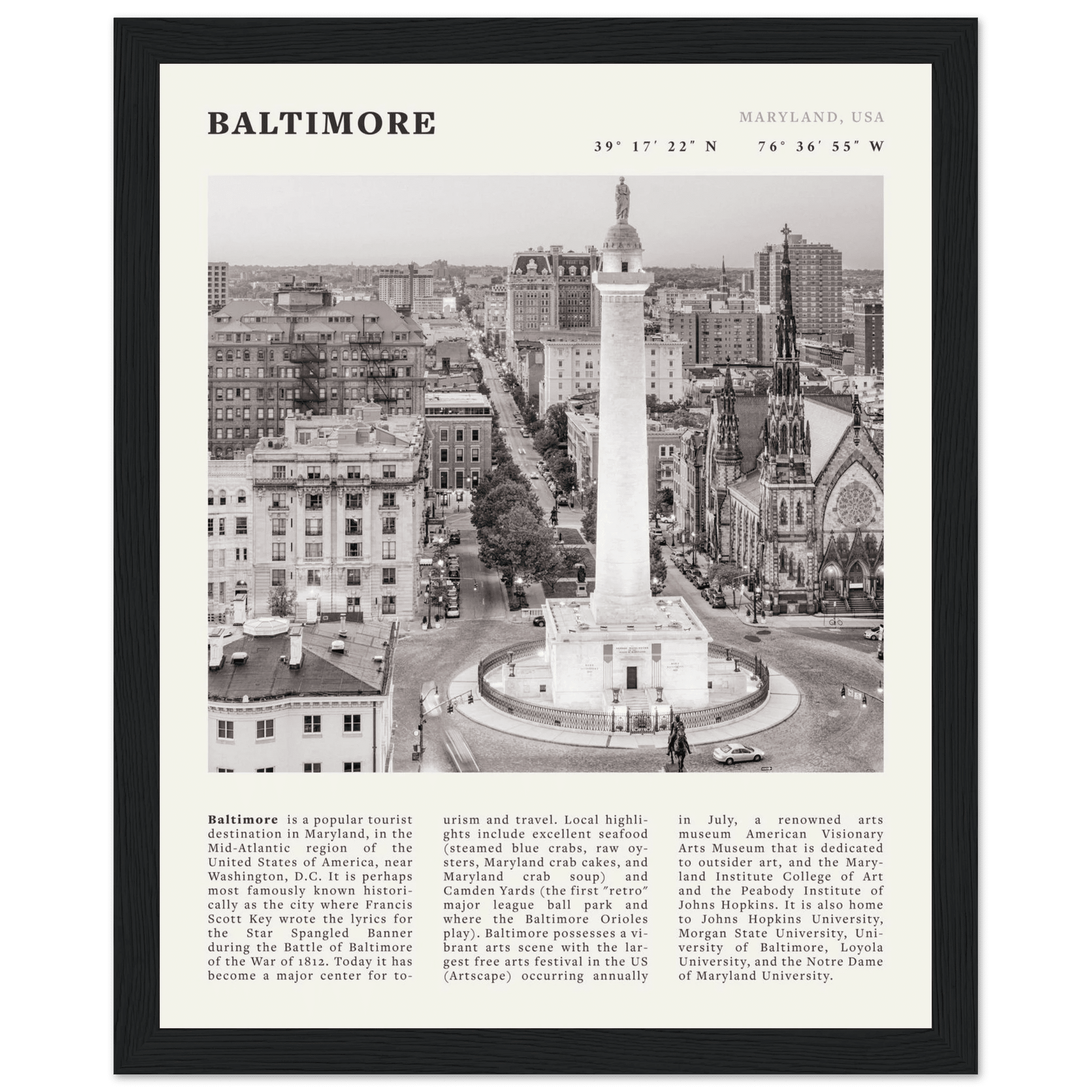 Baltimore Poster | Black & White Maryland City Wall Art | USA Travel Print - Evergreen Posters