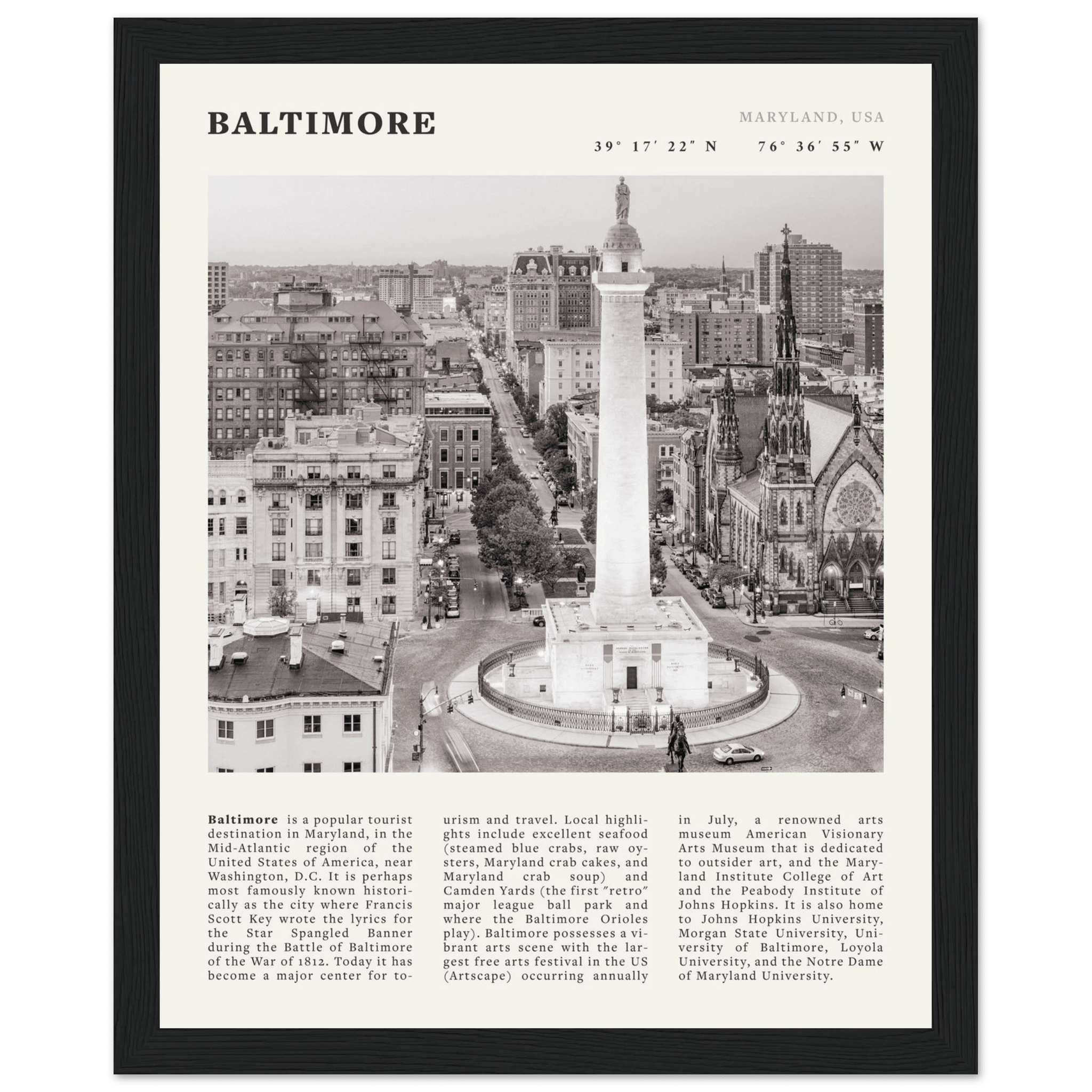 Baltimore Poster | Black & White Maryland City Wall Art | USA Travel Print - Evergreen Posters