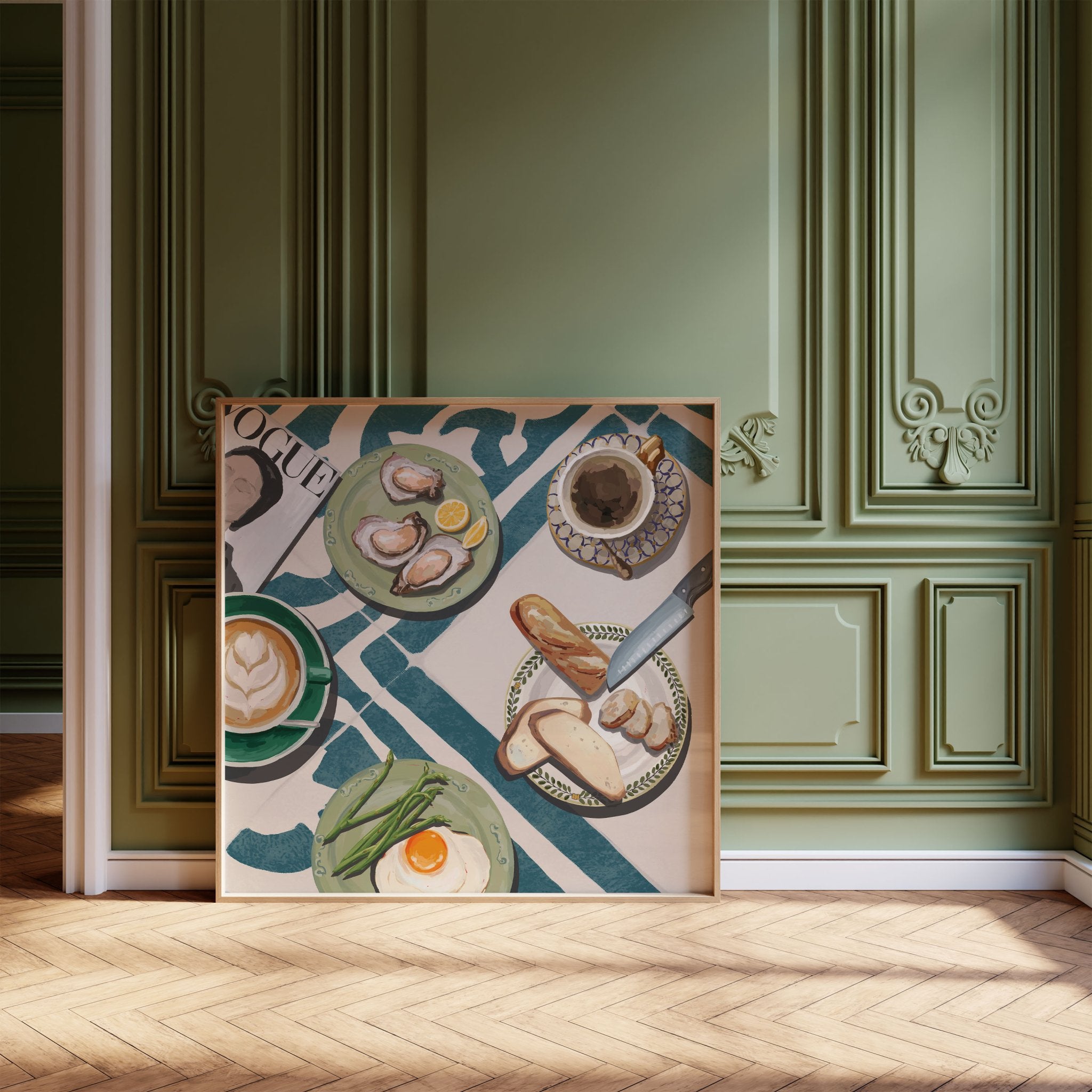 Oysters & Vogue Brunch Poster | Luxury Kitchen Wall Art | Blue Tile Square Print - Evergreen Posters - 41