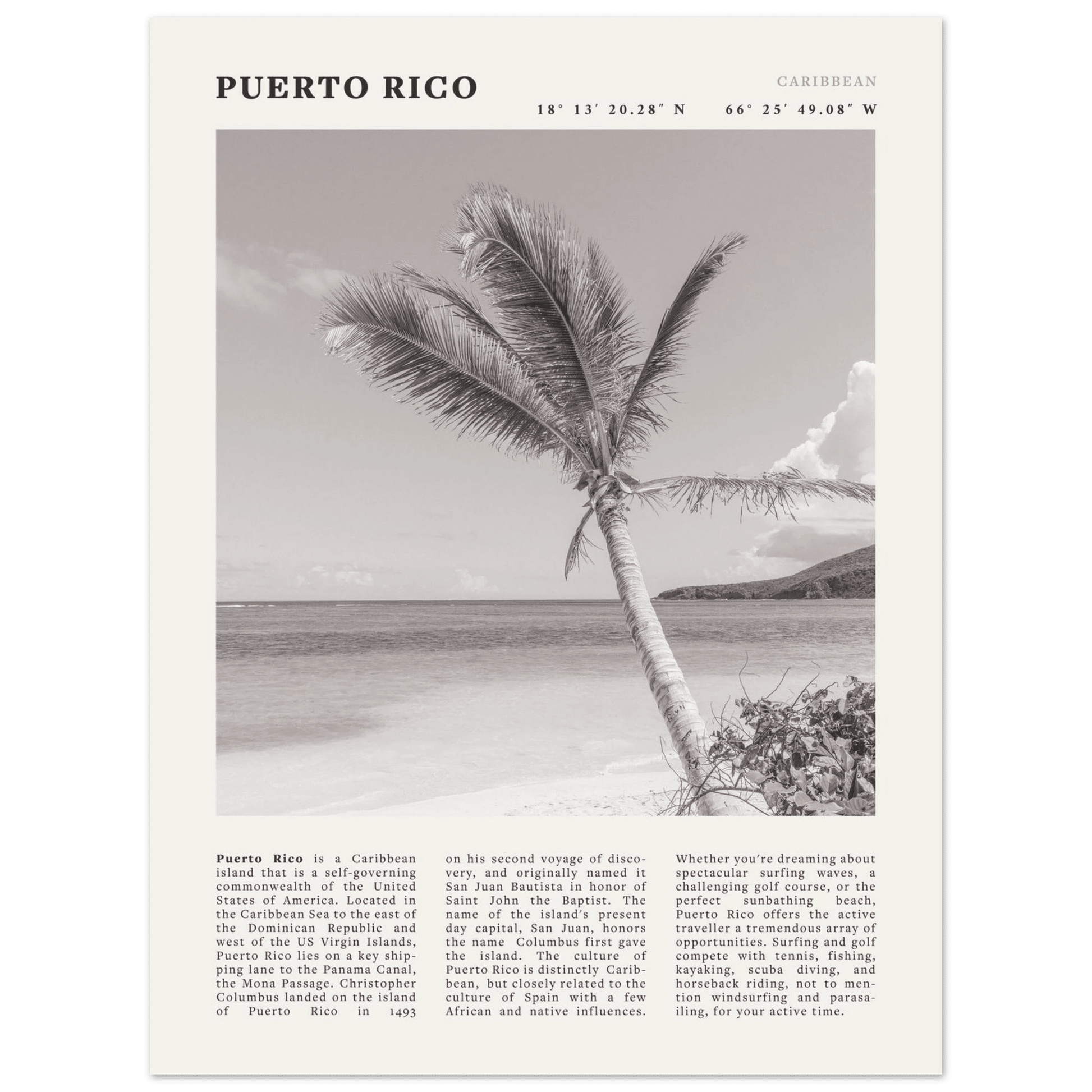Puerto Rico Poster Black and White – Vintage Caribbean Palm Beach Print (Digital & Printed Options) - Evergreen Posters