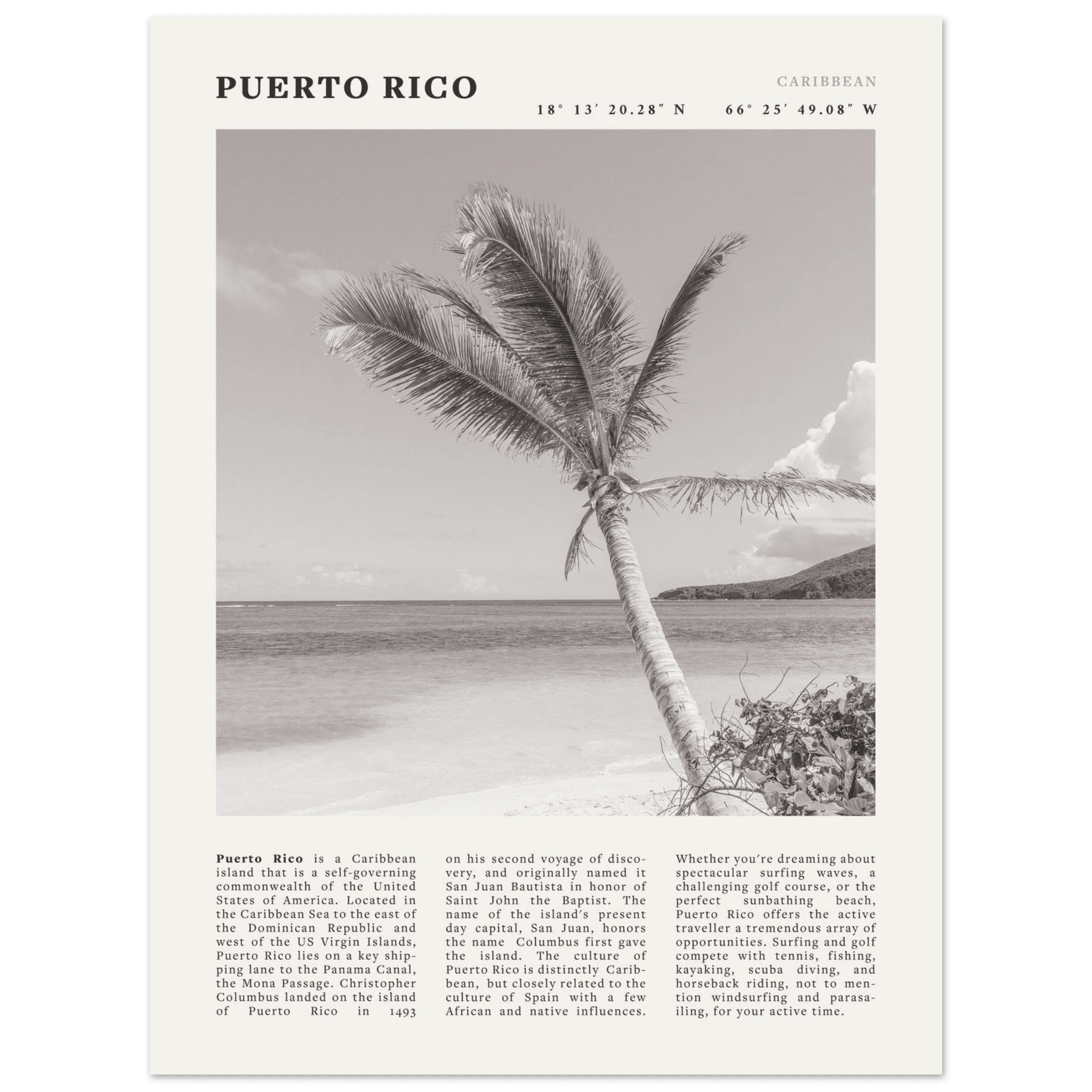 Puerto Rico Poster Black and White – Vintage Caribbean Palm Beach Print (Digital & Printed Options) - Evergreen Posters