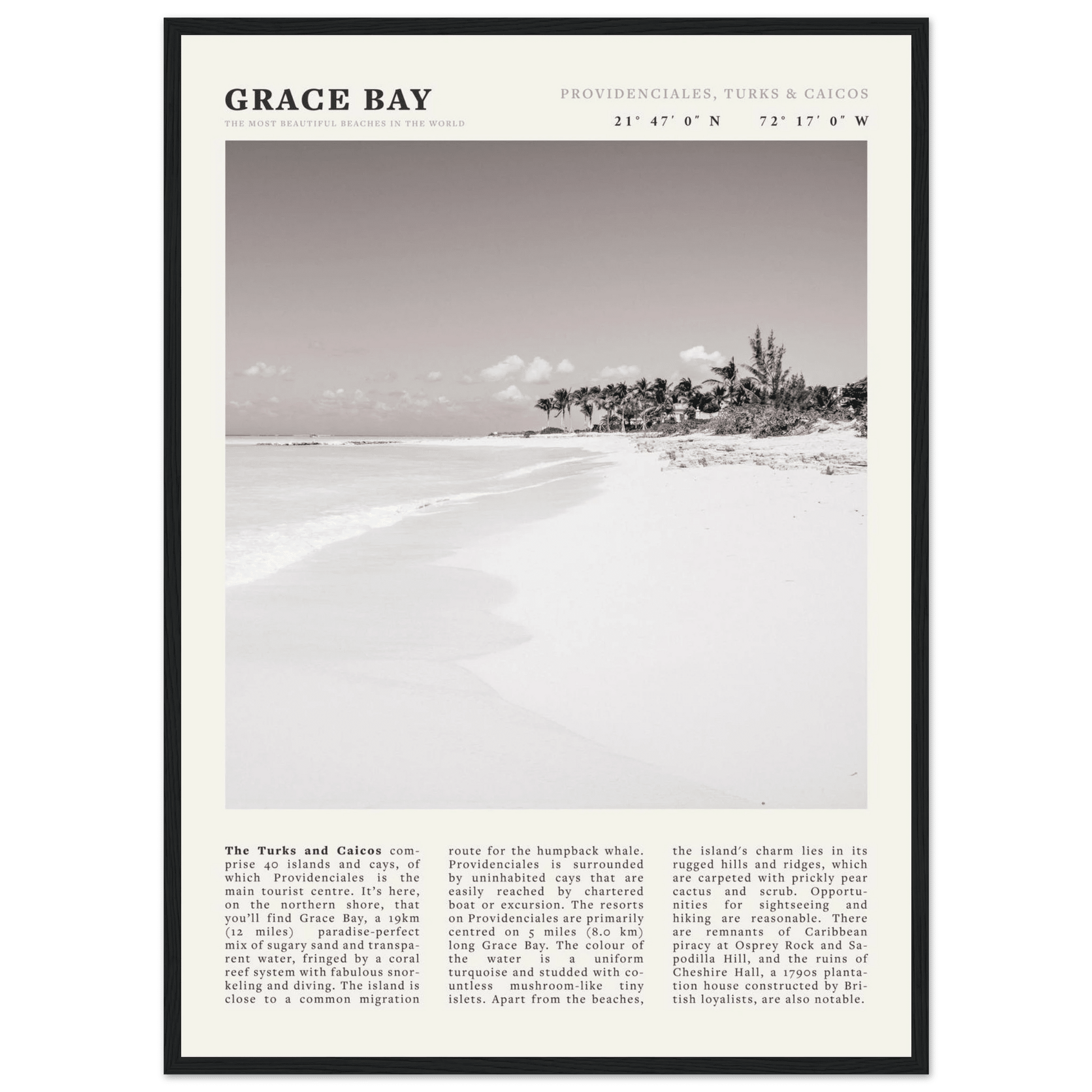 Grace Bay Poster | Black & White Turks & Caicos Wall Art | Caribbean Beach Print - Evergreen Posters