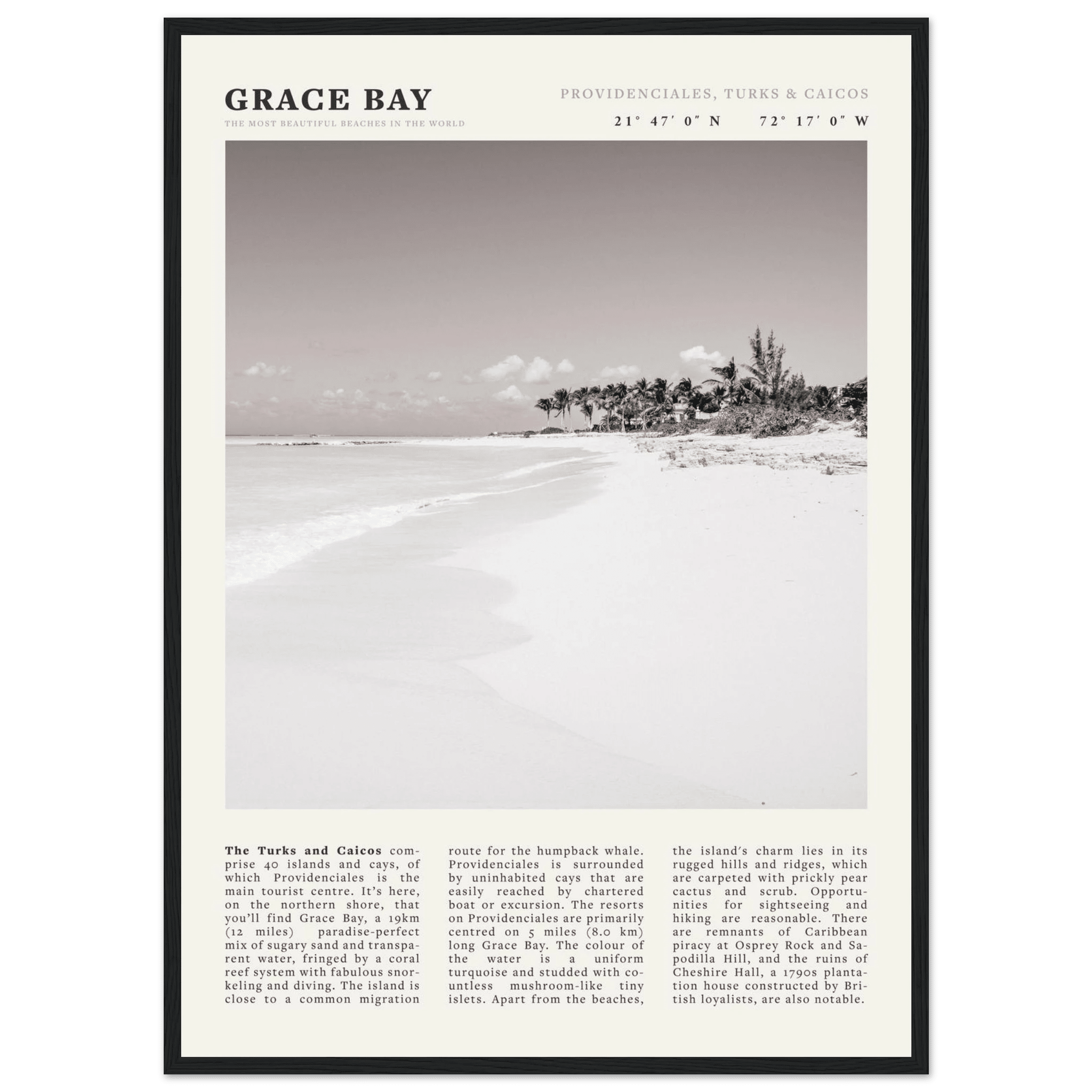 Grace Bay Poster | Black & White Turks & Caicos Wall Art | Caribbean Beach Print - Evergreen Posters
