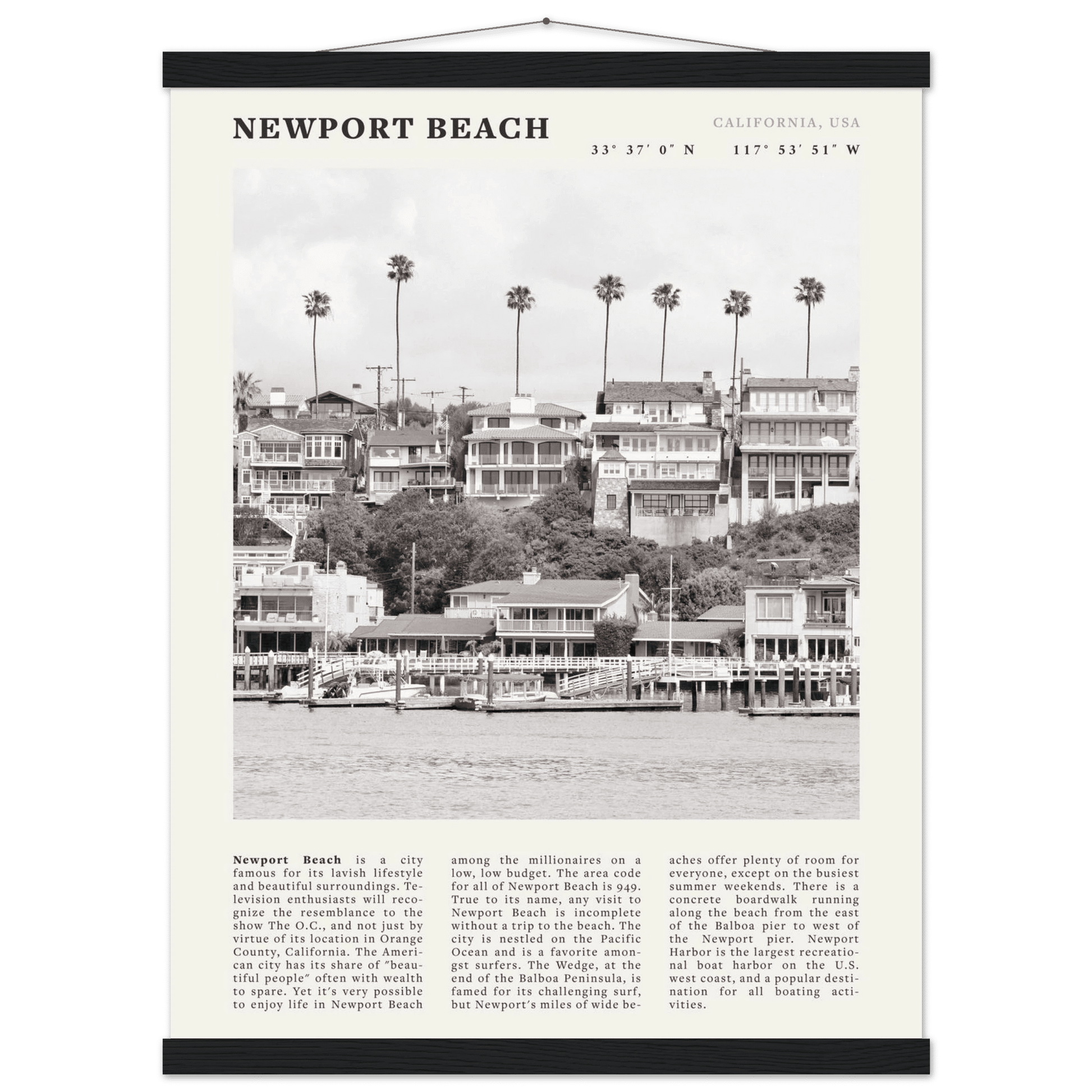 Newport Beach Poster | Black & White California Harbor Wall Art | Coastal Print - Evergreen Posters