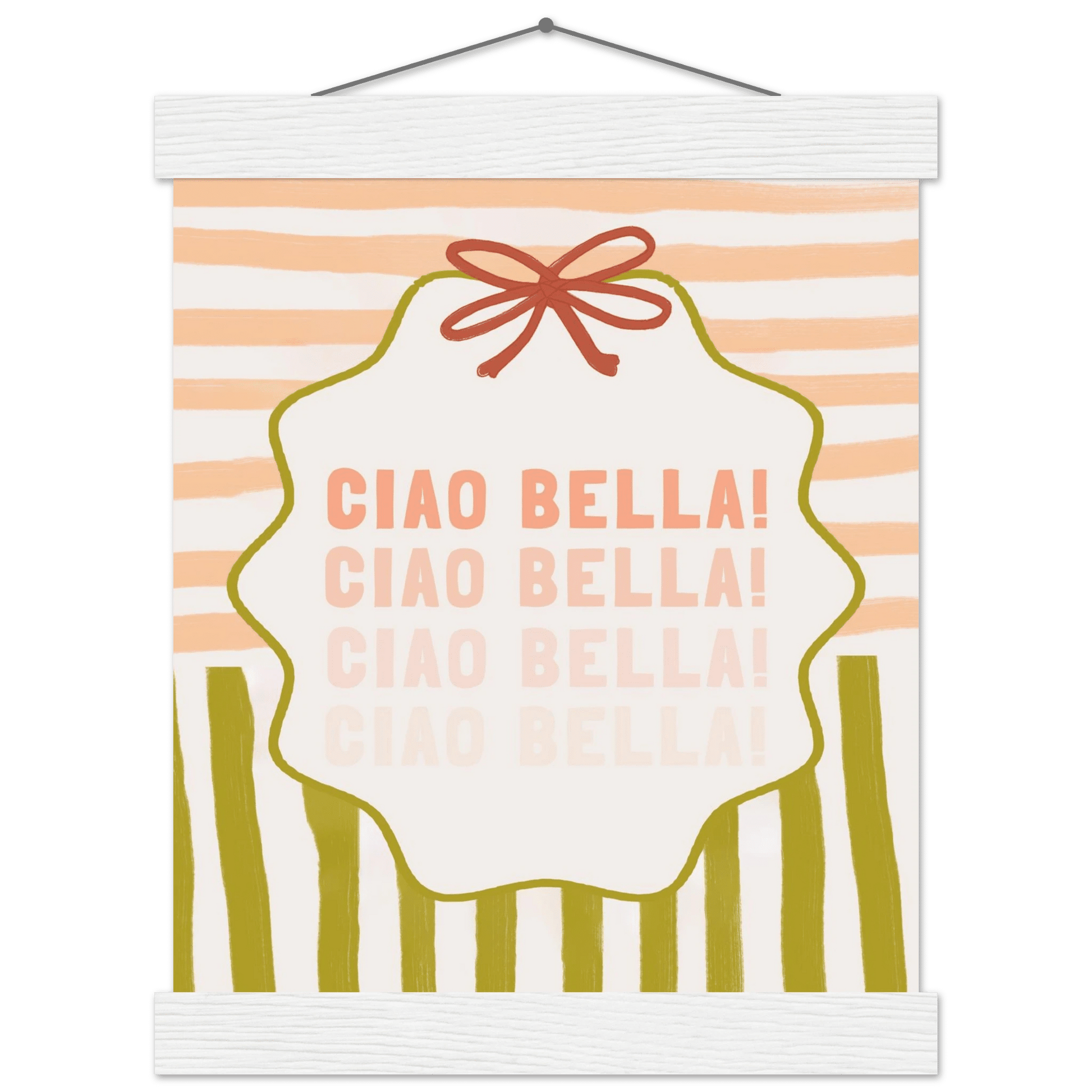 Ciao Bella Poster | Italian Typography Wall Art | Retro Stripe Bow Print | Cute Room Decor - Evergreen Posters