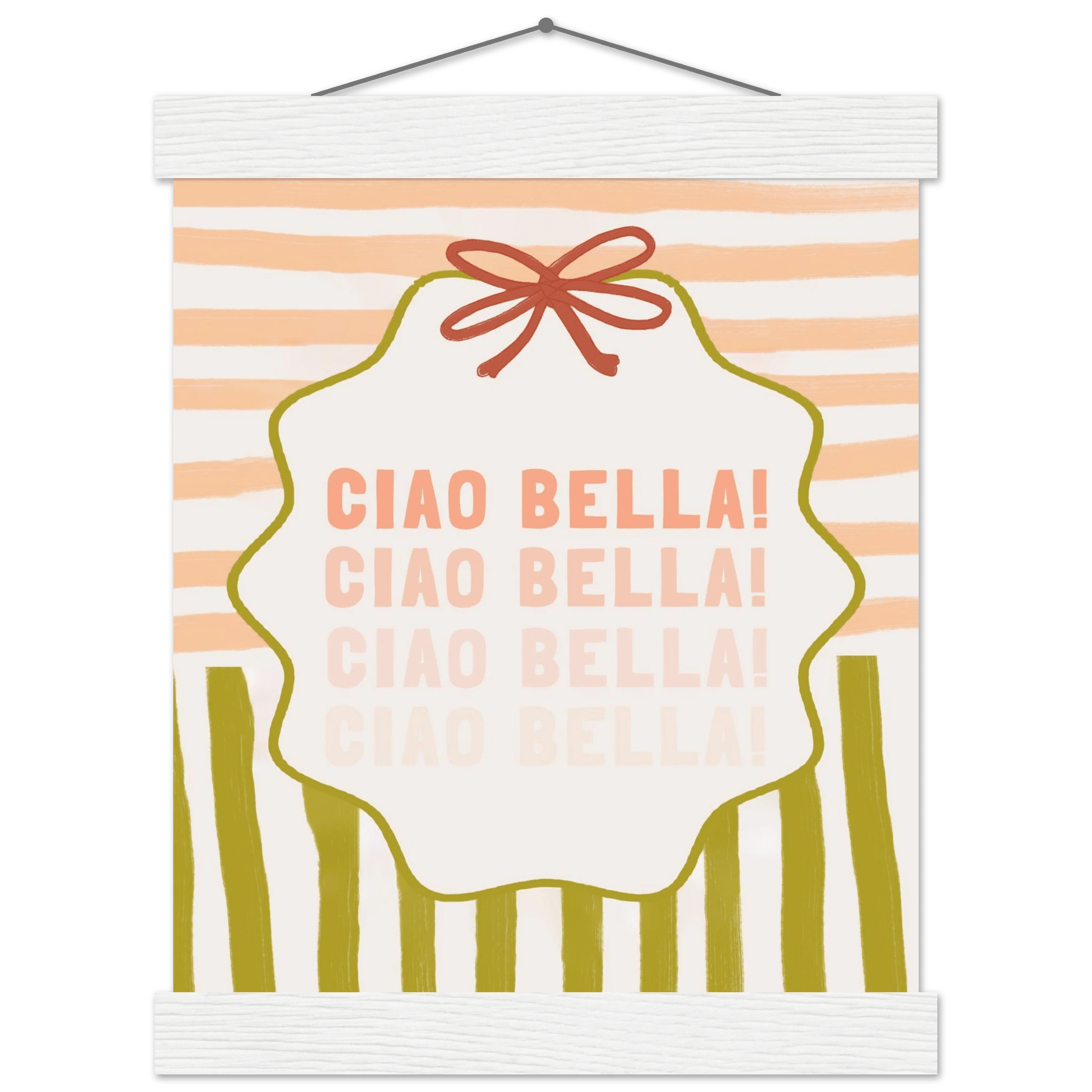Ciao Bella Poster | Italian Typography Wall Art | Retro Stripe Bow Print | Cute Room Decor - Evergreen Posters