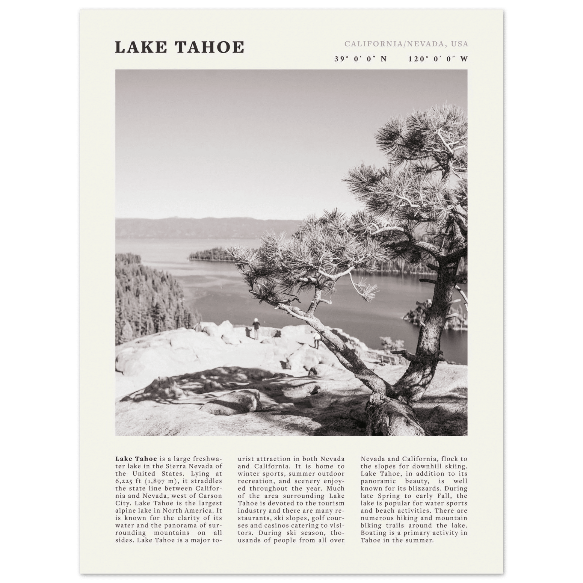Lake Tahoe Poster | Black & White California Nevada Wall Art | Nature Travel Print Decor - Evergreen Posters