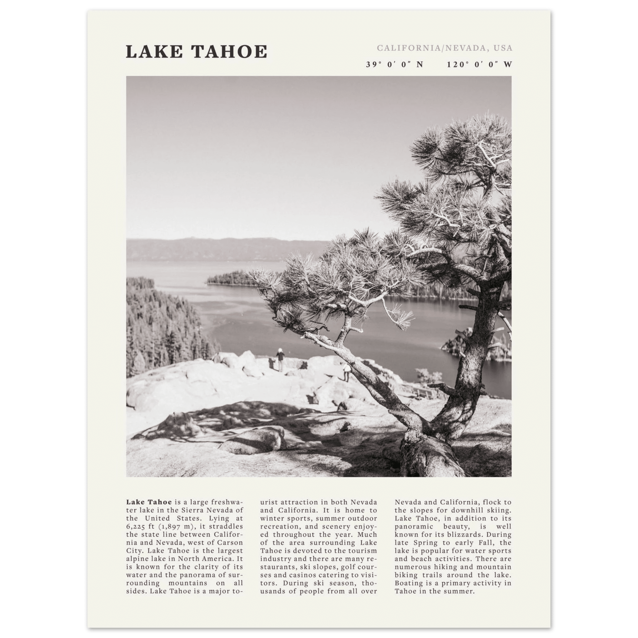 Lake Tahoe Poster | Black & White California Nevada Wall Art | Nature Travel Print Decor - Evergreen Posters