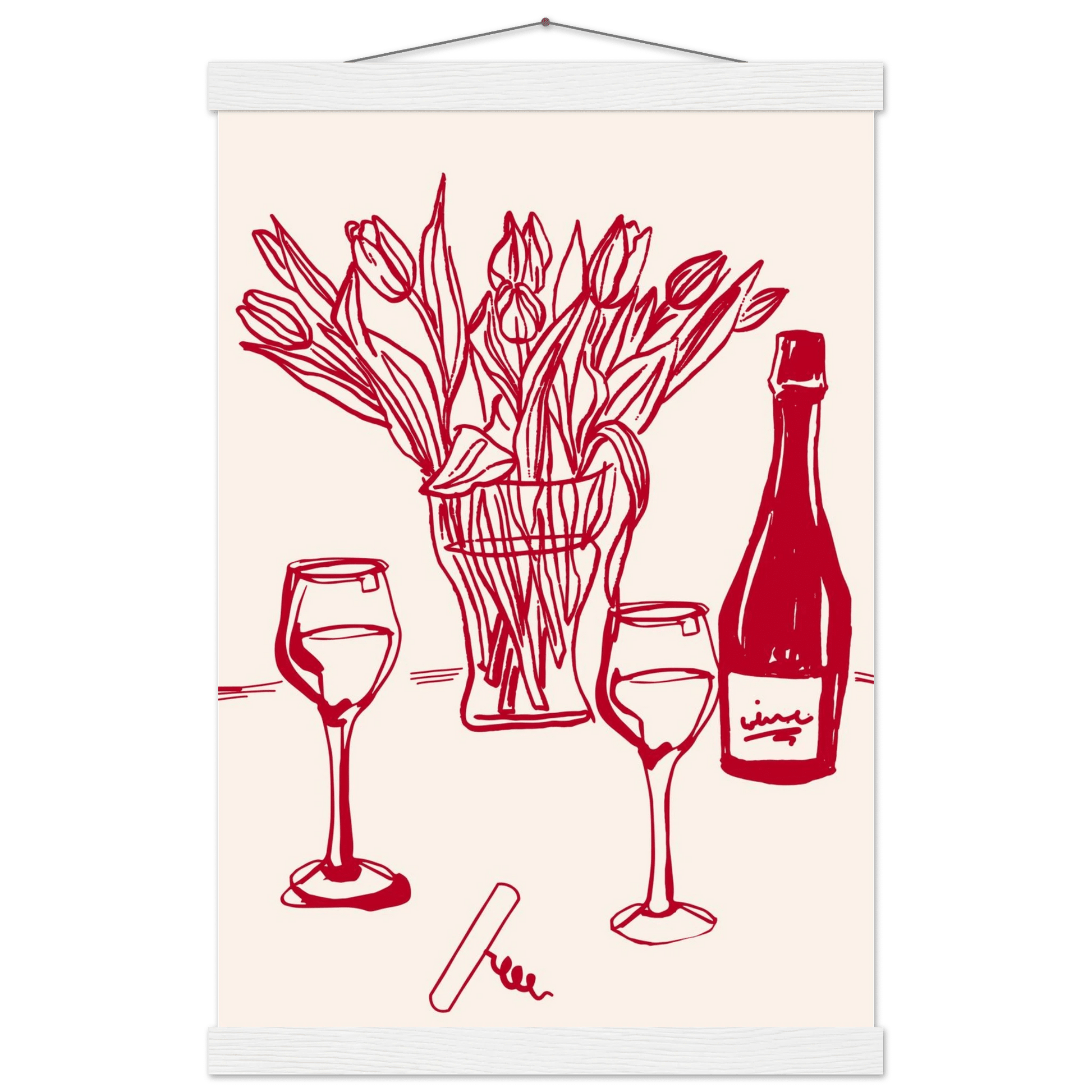 Red Wine & Tulips Print | Line Art Wine Bottle Wall Art | Kitchen Poster - Evergreen Posters