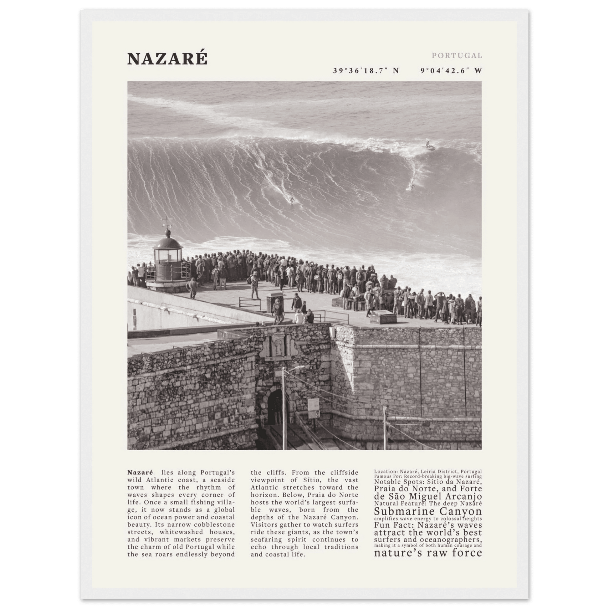Nazaré Portugal Poster Black and White – Vintage Big Waves Surf Print (Digital & Printed Options) - Evergreen Posters