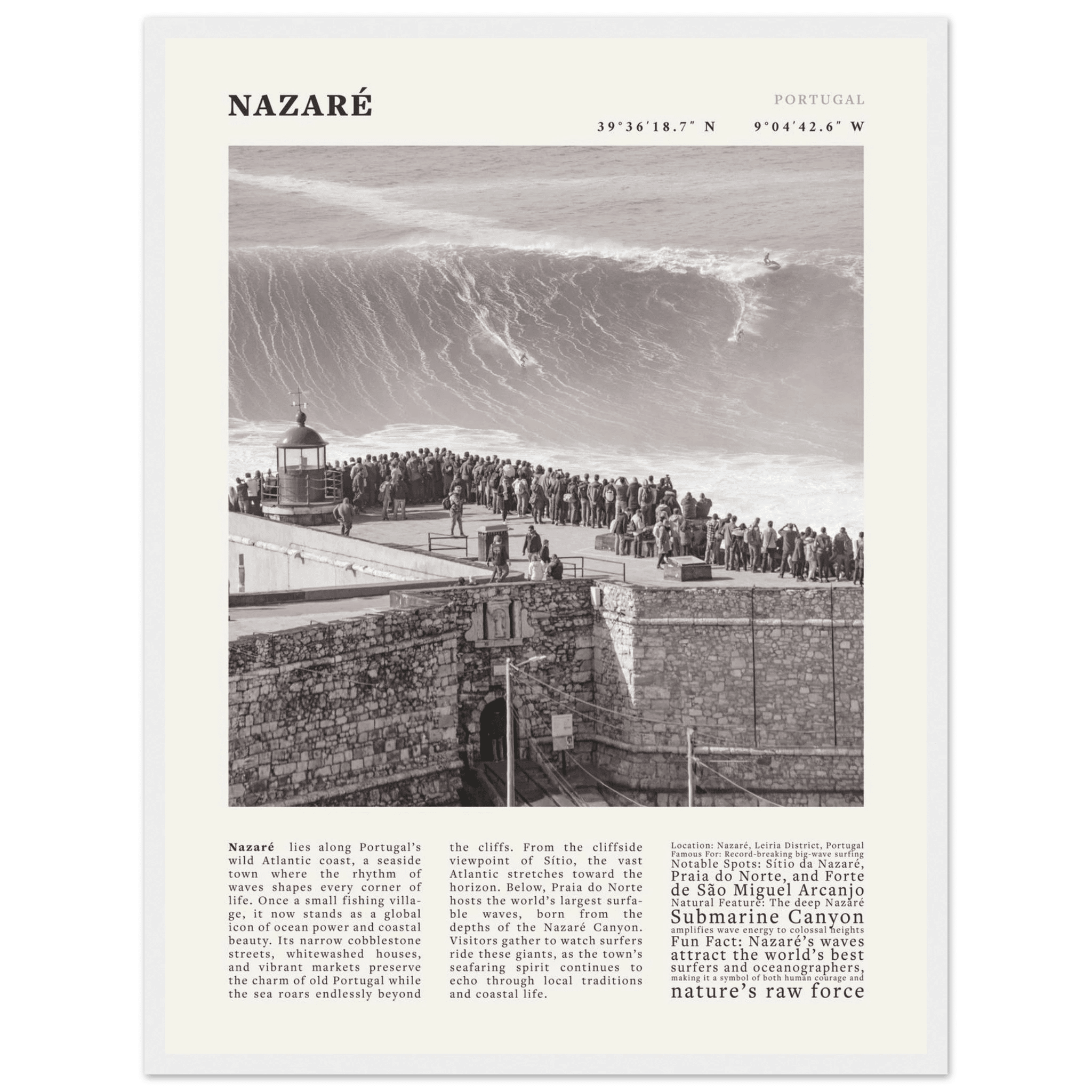Nazaré Portugal Poster Black and White – Vintage Big Waves Surf Print (Digital & Printed Options) - Evergreen Posters