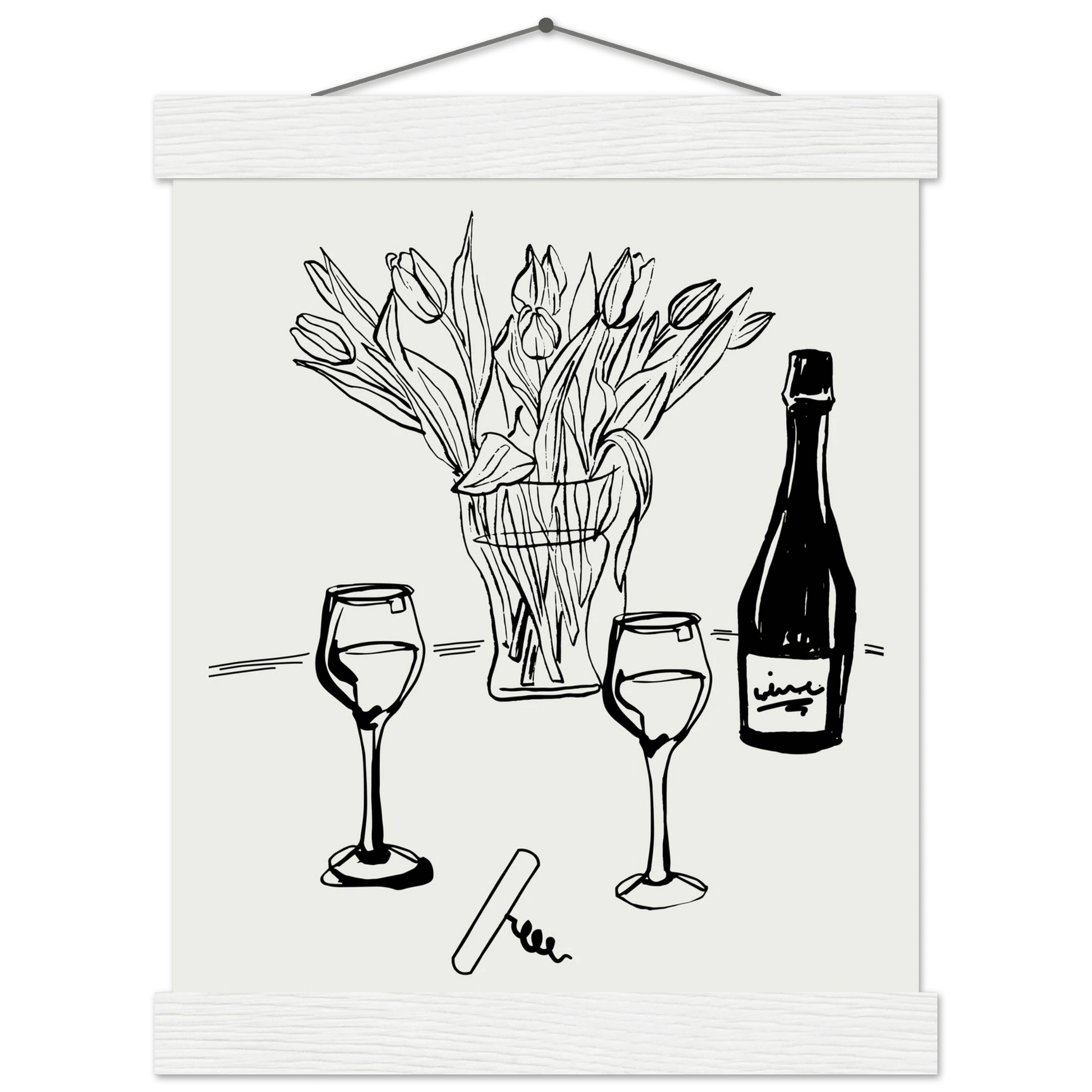 Wine & Tulips Print | Black Line Art Wine Bottle Wall Art | Minimalist Kitchen Poster - Evergreen Posters
