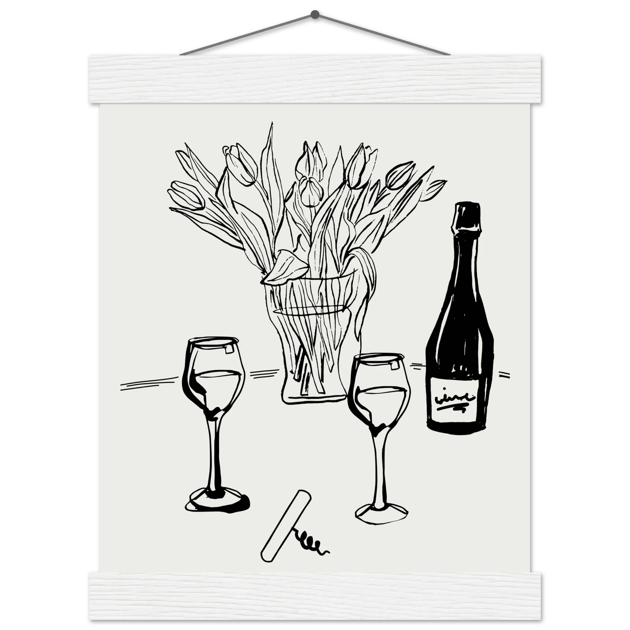 Wine & Tulips Print | Black Line Art Wine Bottle Wall Art | Minimalist Kitchen Poster - Evergreen Posters