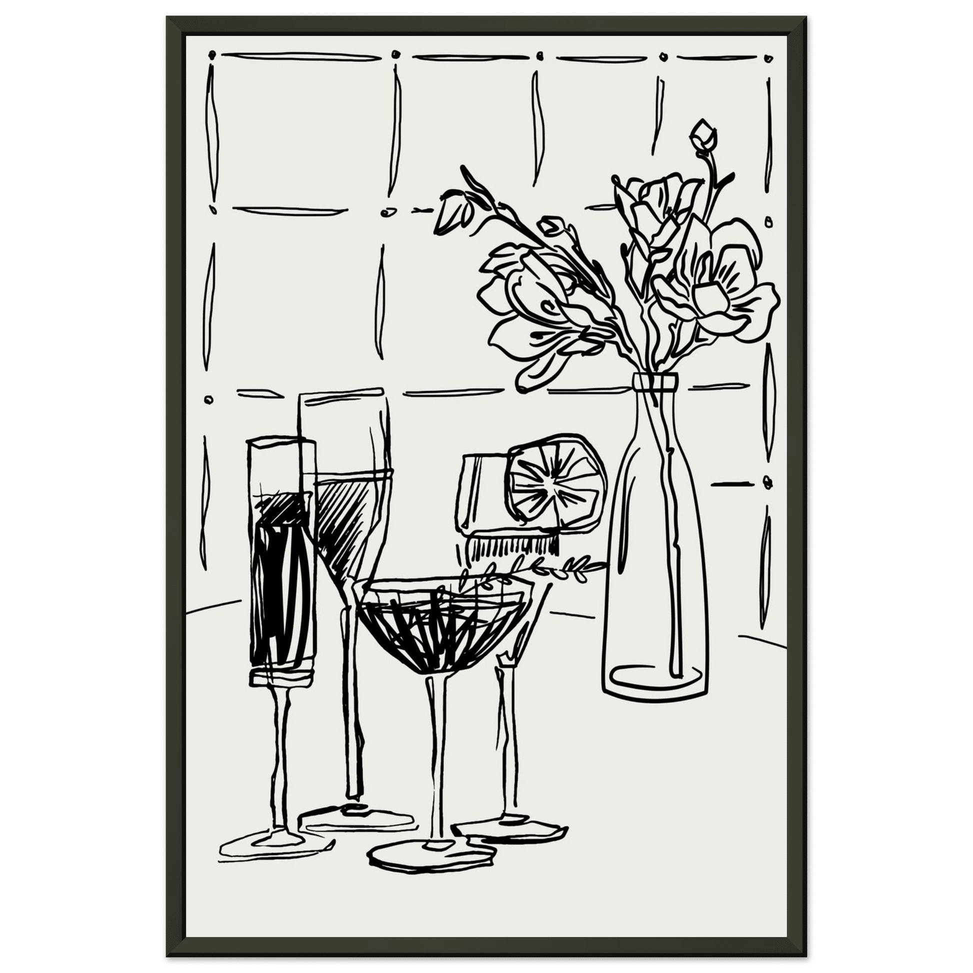 Cocktails & Flowers Print | Black Line Art Drinks Wall Art | Kitchen Bar Poster - Evergreen Posters