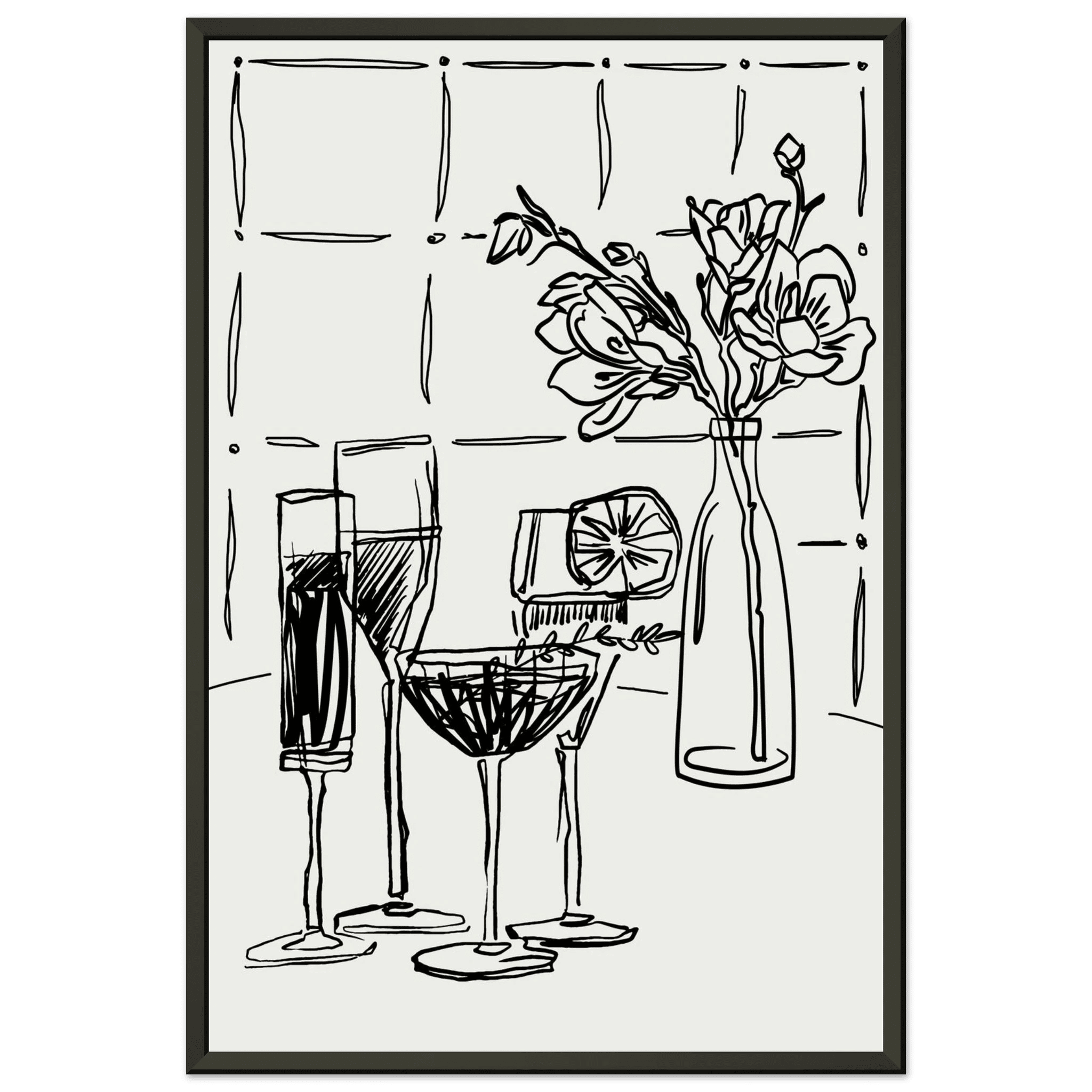 Cocktails & Flowers Print | Black Line Art Drinks Wall Art | Kitchen Bar Poster - Evergreen Posters