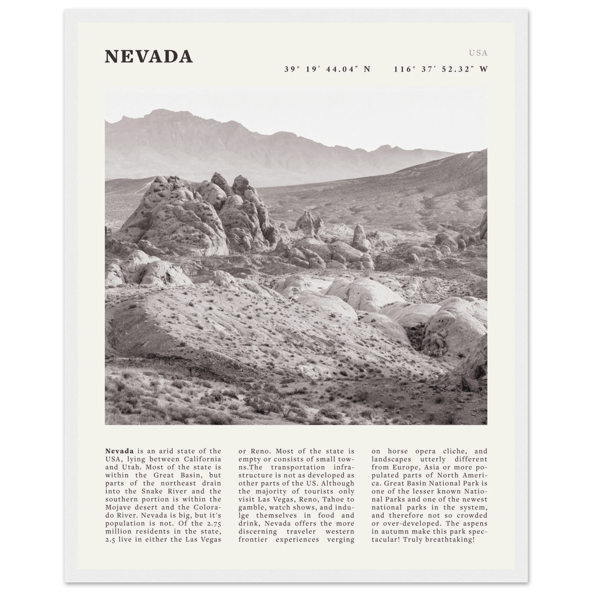Nevada Poster | Black & White Desert Landscape Wall Art | USA Travel Print Decor - Evergreen Posters