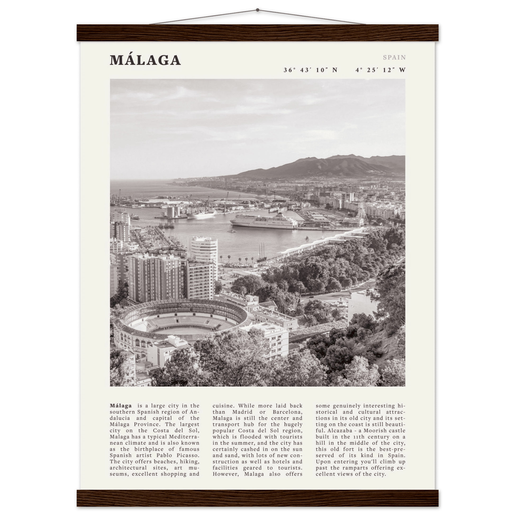 Málaga Poster | Black & White Costa del Sol Wall Art | Spain Travel Print - Evergreen Posters