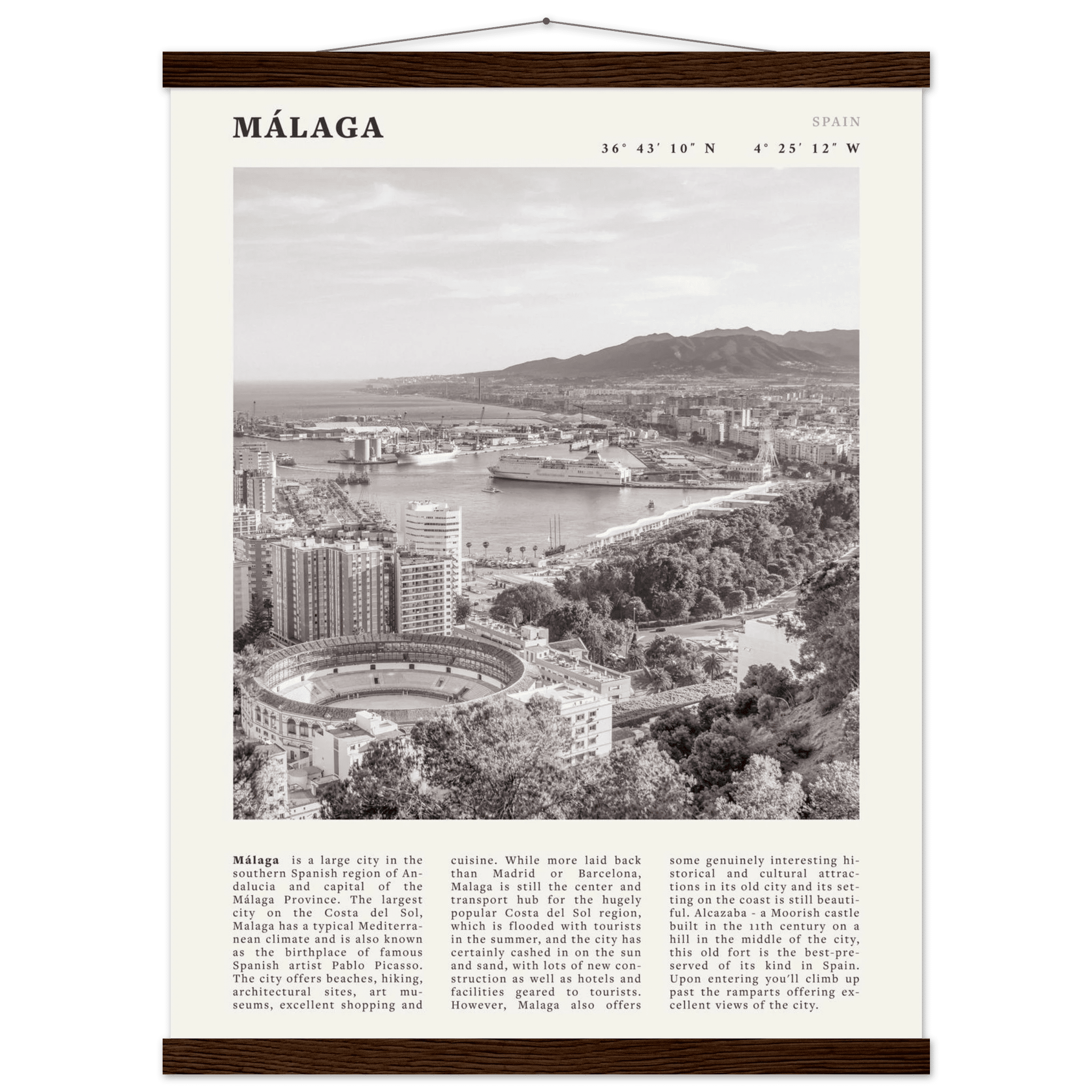 Málaga Poster | Black & White Costa del Sol Wall Art | Spain Travel Print - Evergreen Posters