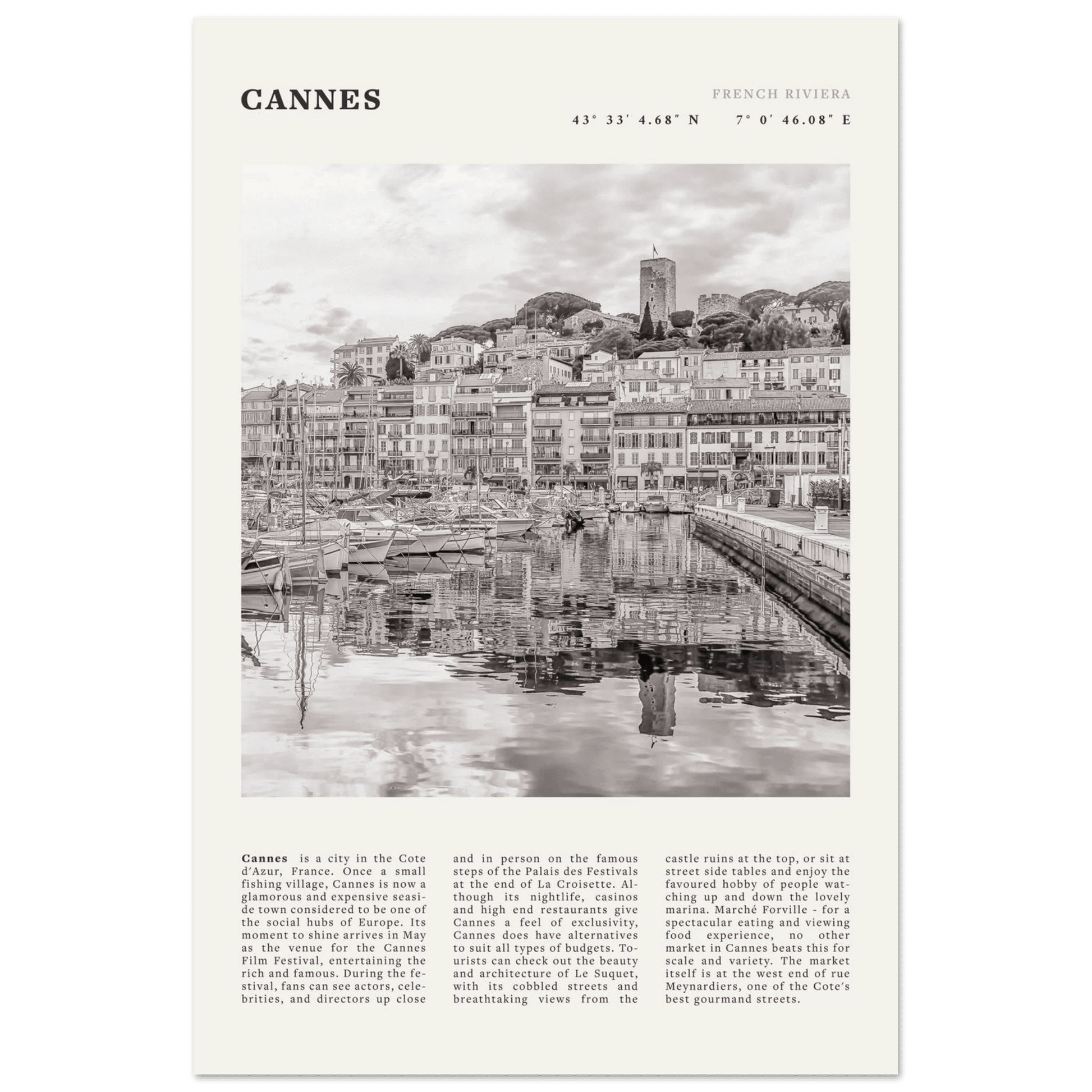 Cannes Poster | Black & White French Riviera Wall Art | France Travel Print - Evergreen Posters