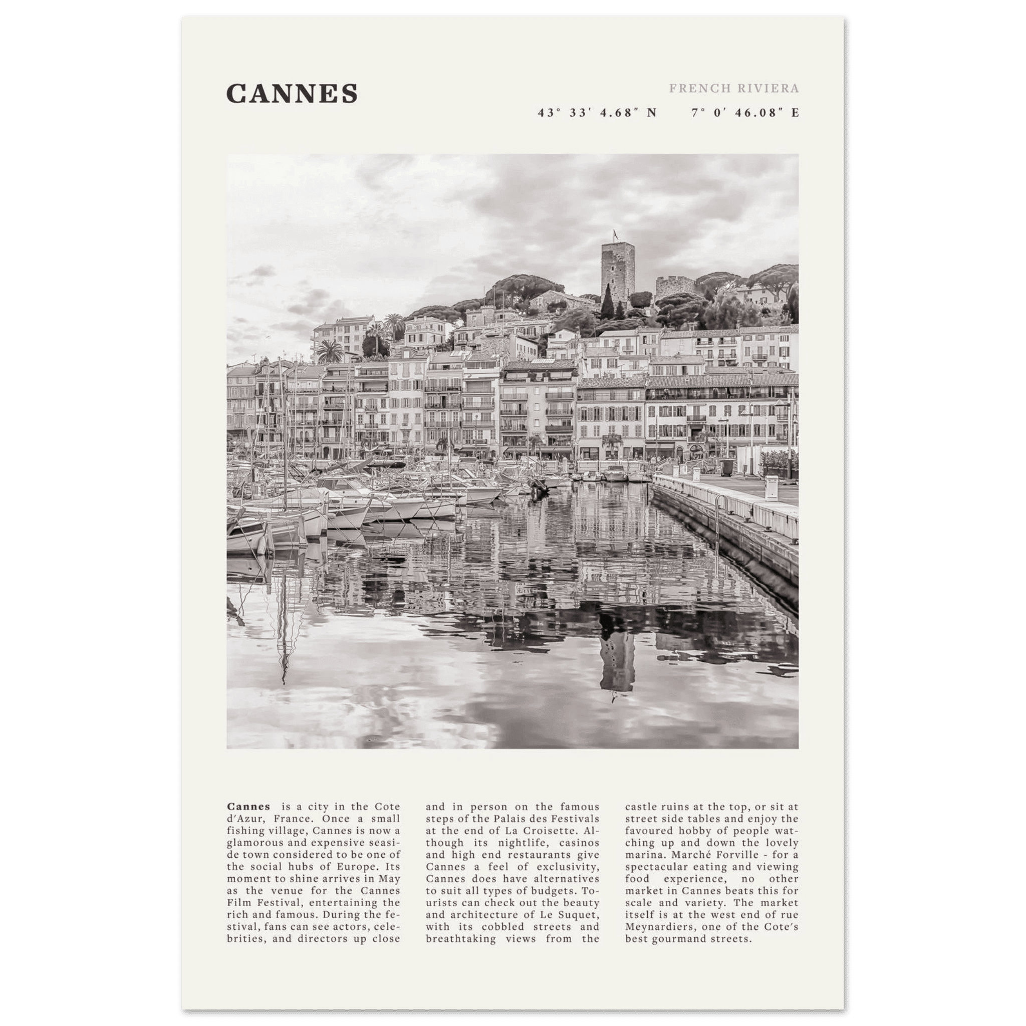 Cannes Poster | Black & White French Riviera Wall Art | France Travel Print - Evergreen Posters