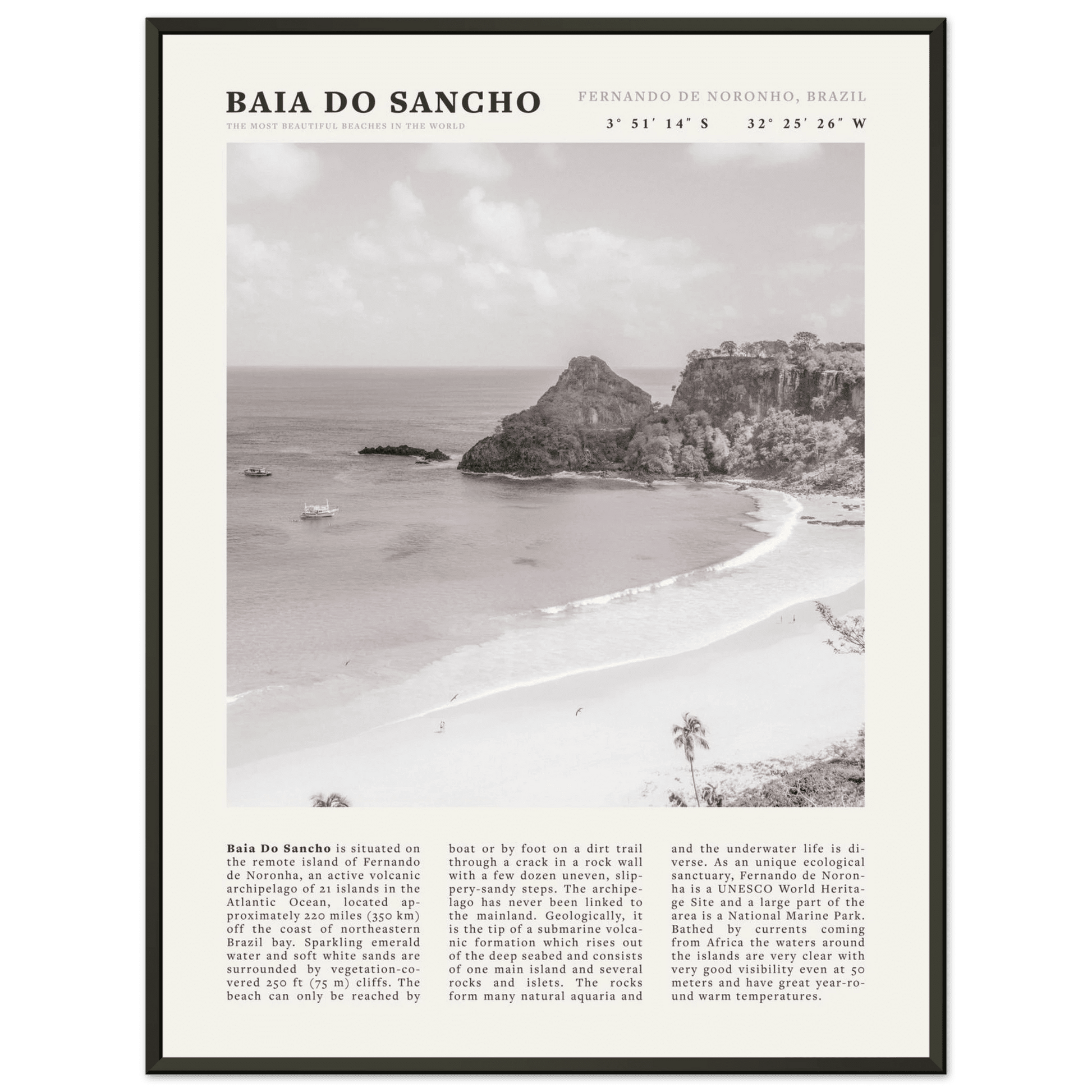 Baia Do Sancho Poster | Black & White Brazil Beach Wall Art | Fernando de Noronha - Evergreen Posters
