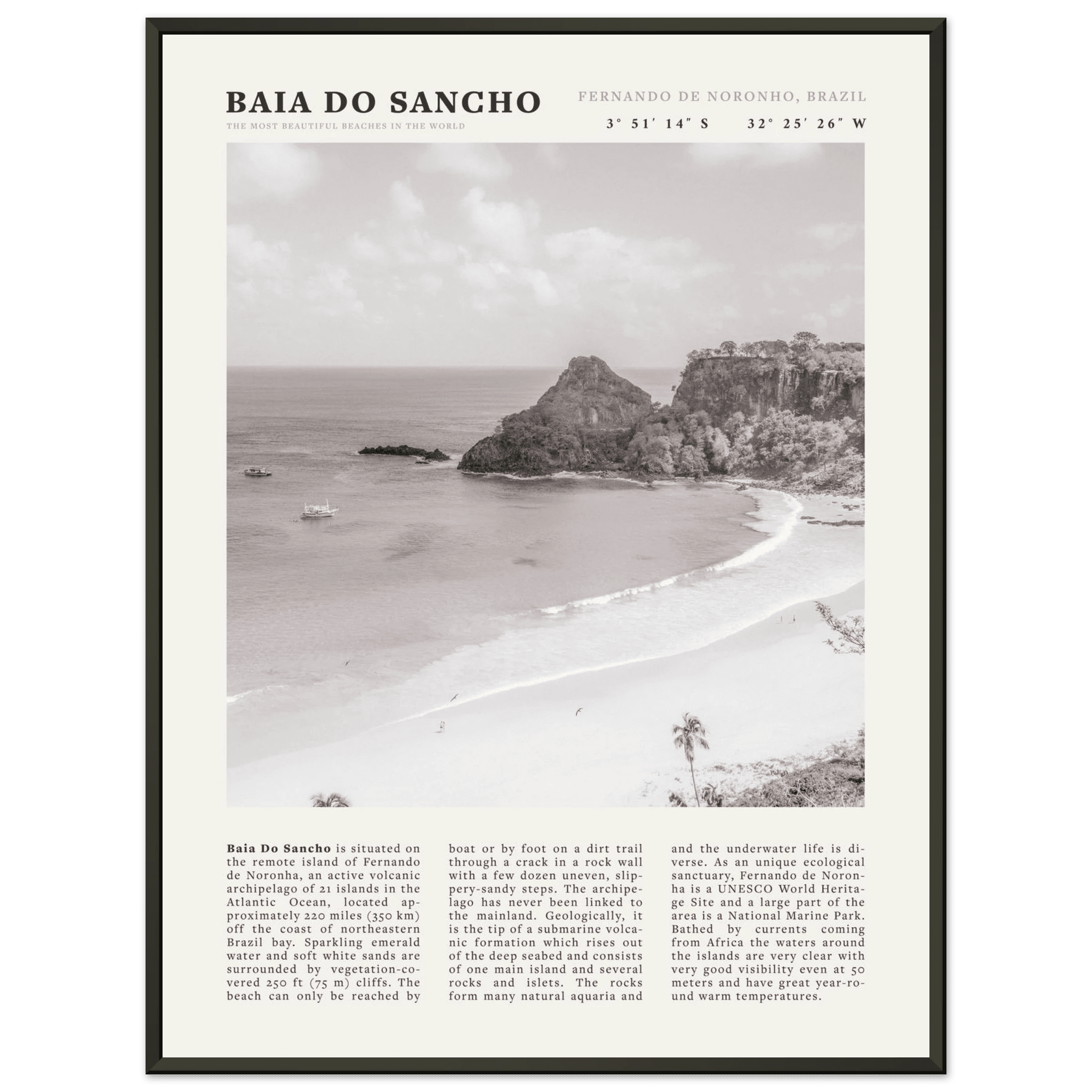 Baia Do Sancho Poster | Black & White Brazil Beach Wall Art | Fernando de Noronha - Evergreen Posters