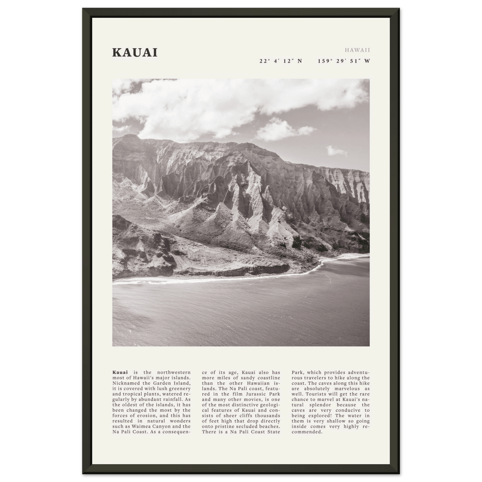 Kauai Poster | Black & White Na Pali Coast Wall Art | Hawaii Travel Print Decor - Evergreen Posters