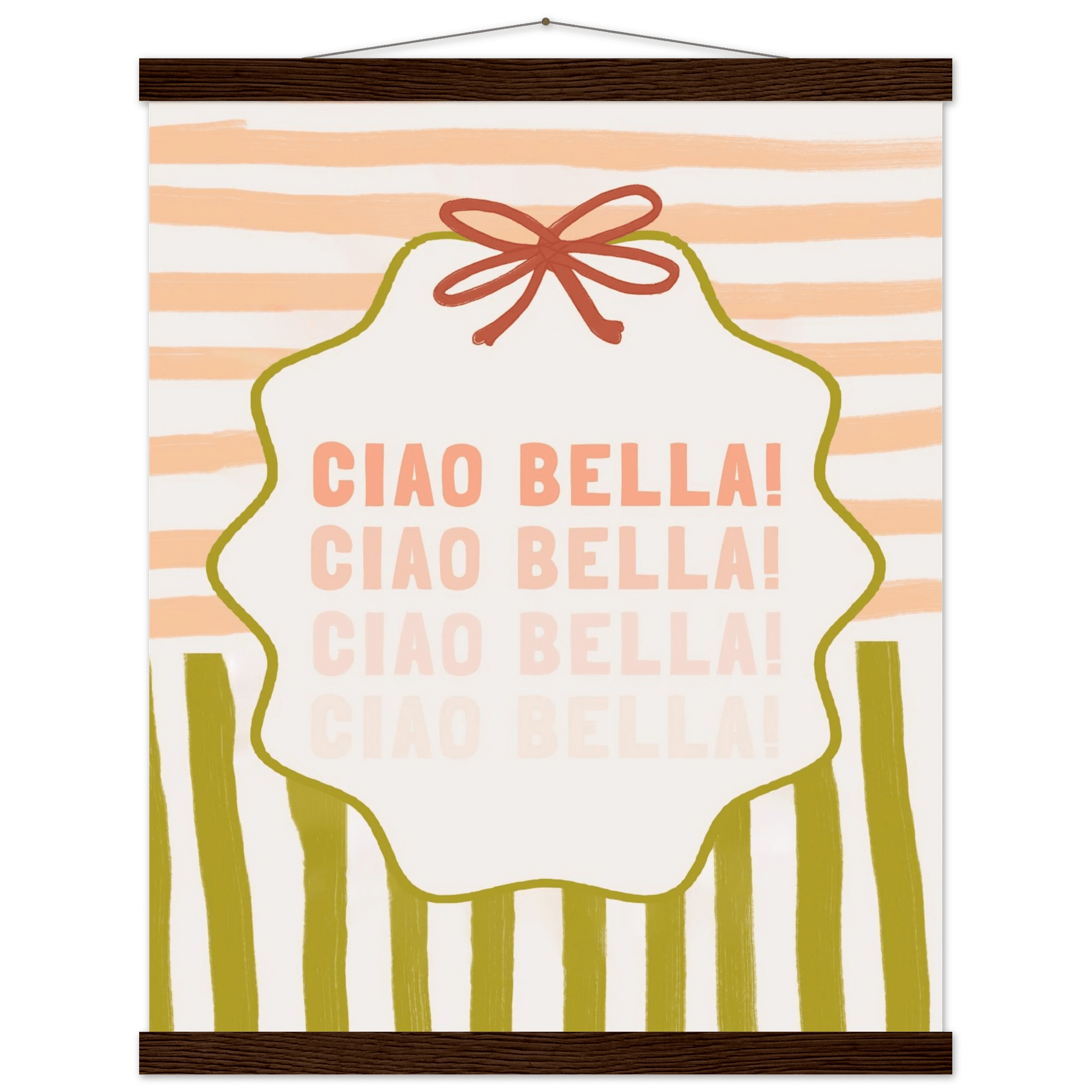Ciao Bella Poster | Italian Typography Wall Art | Retro Stripe Bow Print | Cute Room Decor - Evergreen Posters