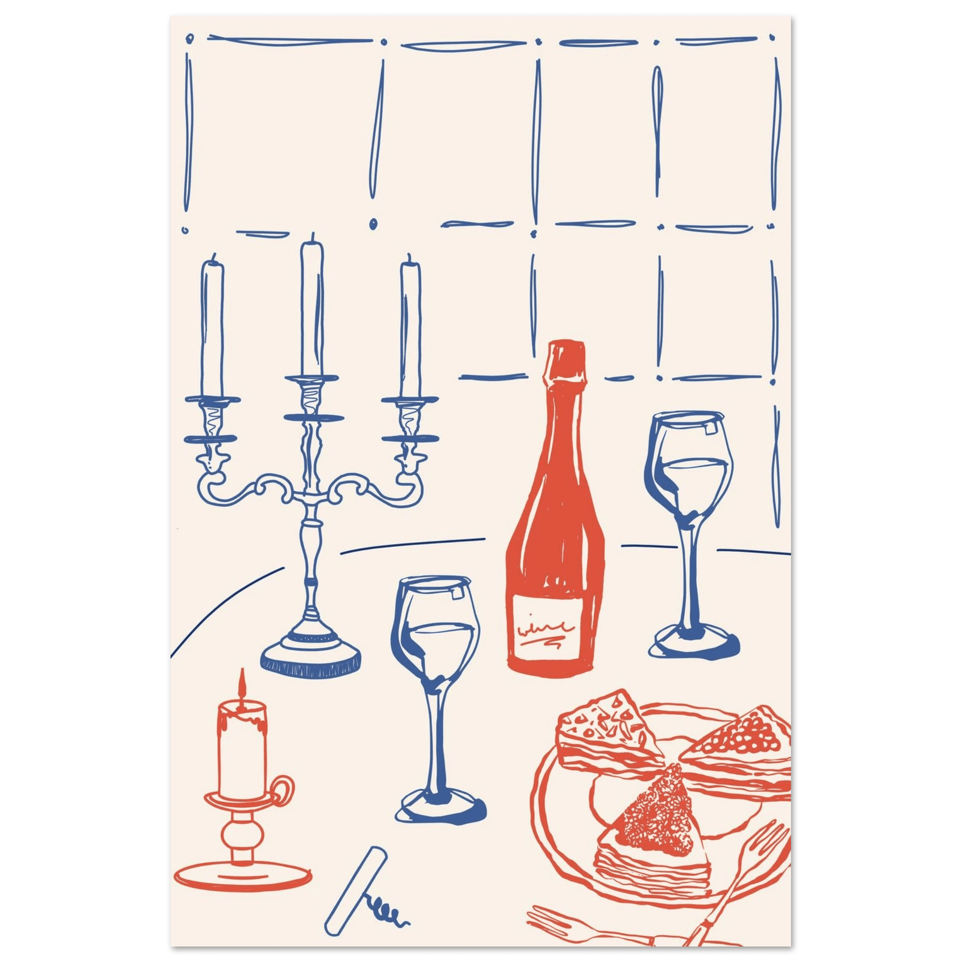 Candlelight Dinner Print | Wine & Candelabra Line Art Wall Art | Kitchen Poster - Evergreen Posters