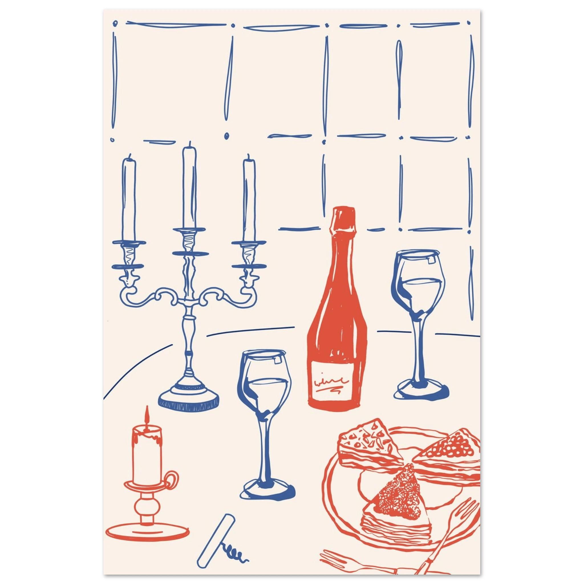 Candlelight Dinner Print | Wine & Candelabra Line Art Wall Art | Kitchen Poster - Evergreen Posters