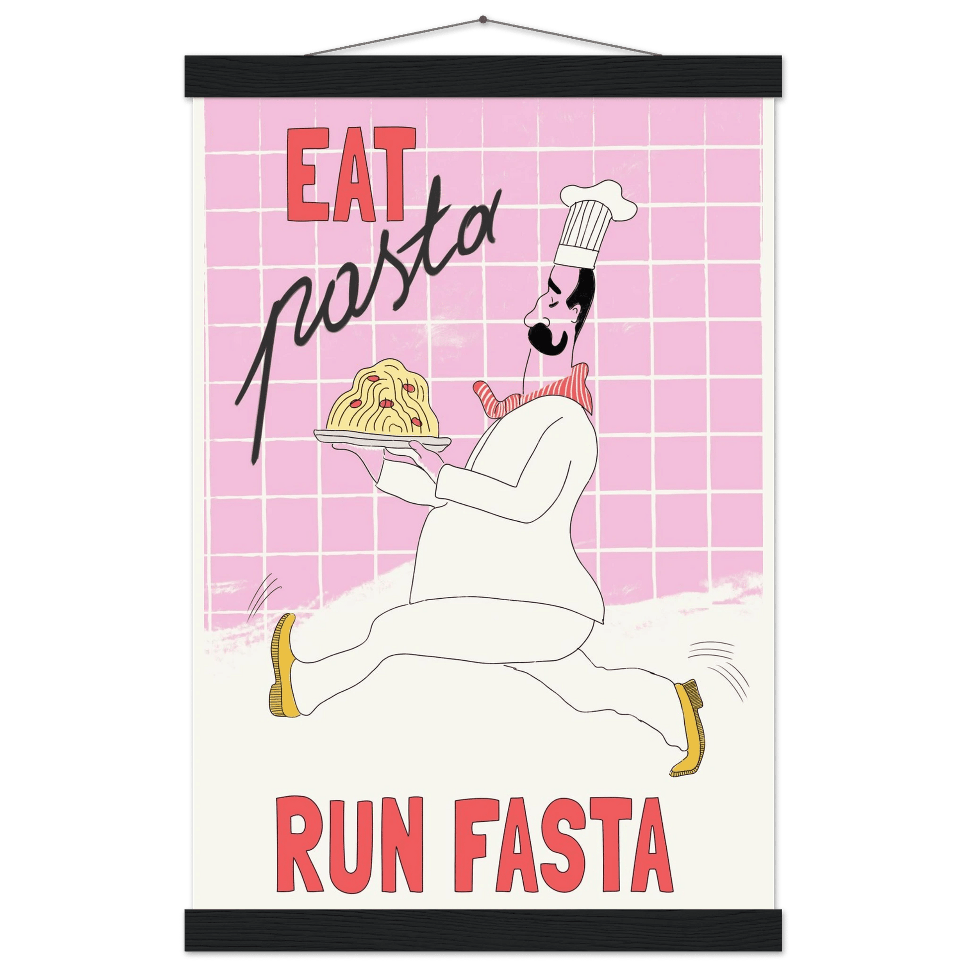 Eat Pasta Run Fasta Poster – Playful Kitchen Wall Art Print (Light Pink) - Evergreen Posters