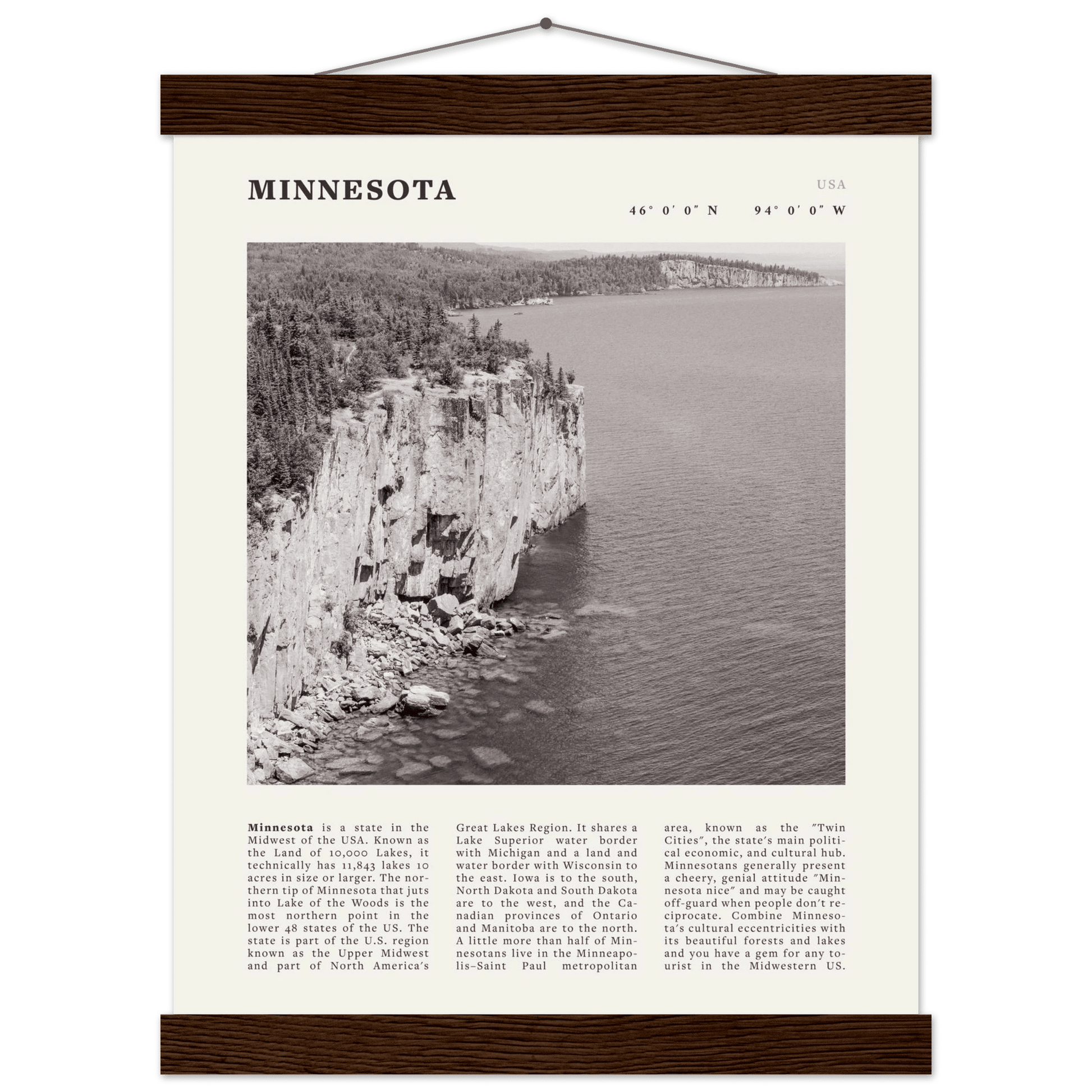 Minnesota Poster | Black & White Lake Superior Wall Art | USA Nature Travel Print - Evergreen Posters