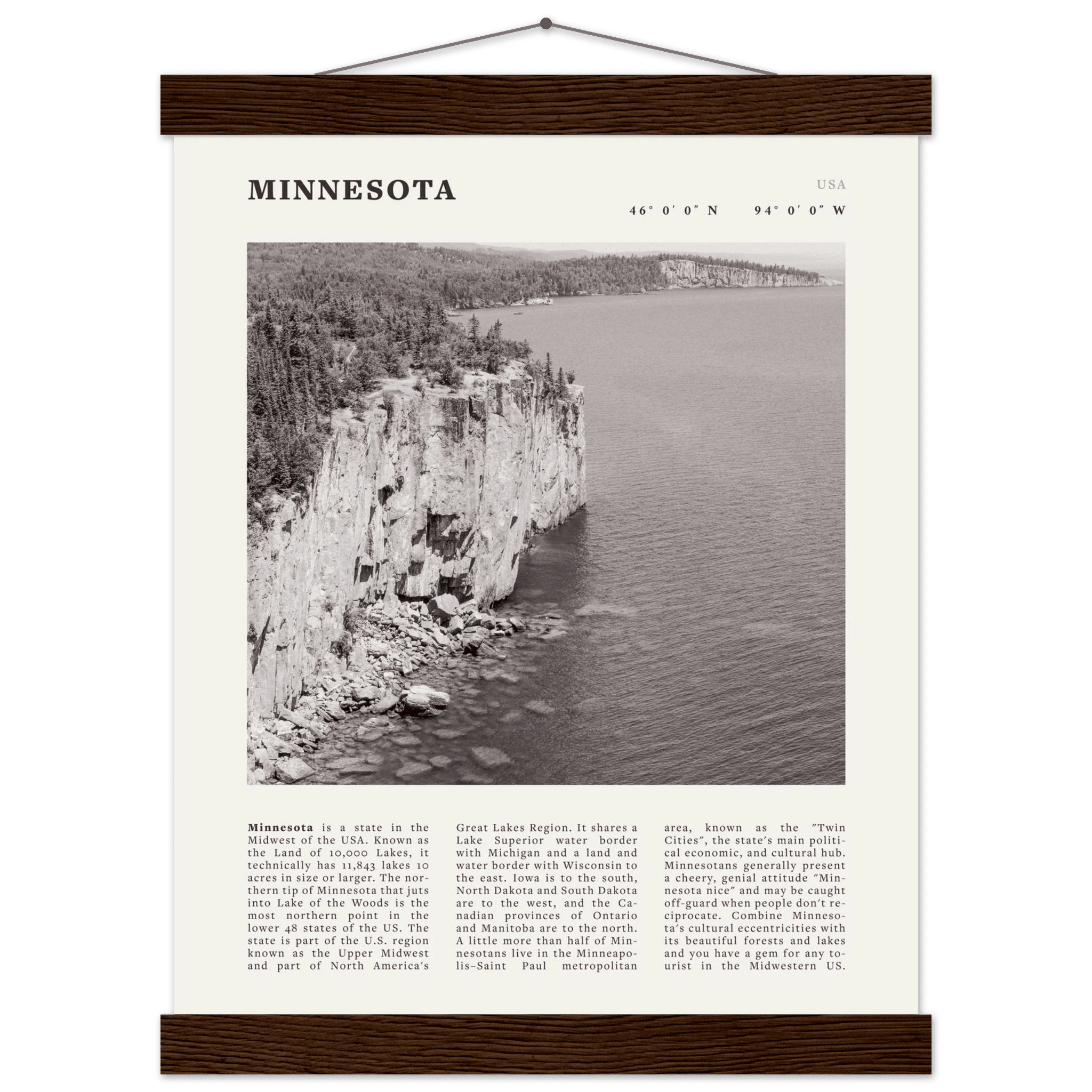 Minnesota Poster | Black & White Lake Superior Wall Art | USA Nature Travel Print - Evergreen Posters