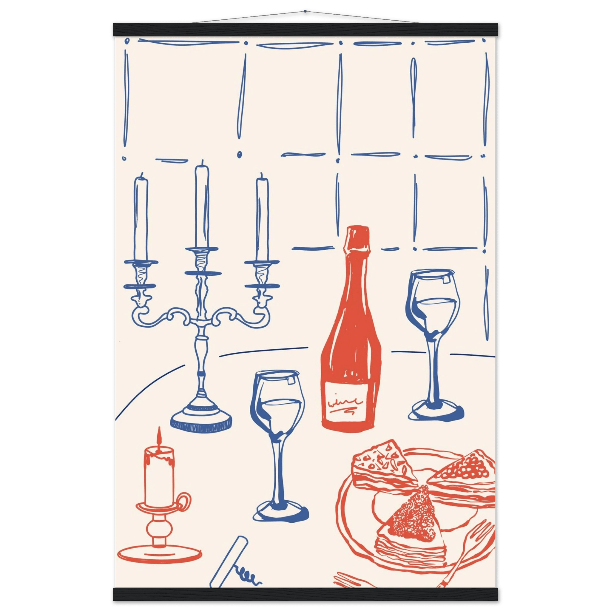 Candlelight Dinner Print | Wine & Candelabra Line Art Wall Art | Kitchen Poster - Evergreen Posters