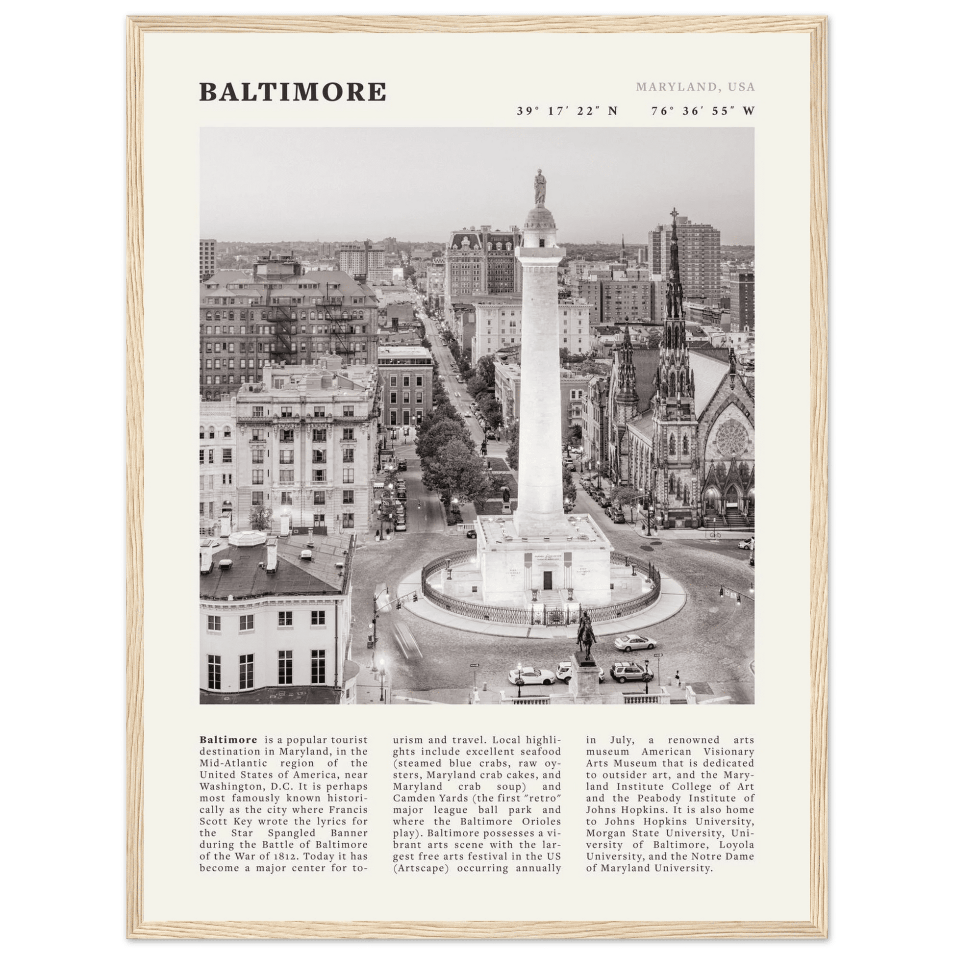Baltimore Poster | Black & White Maryland City Wall Art | USA Travel Print - Evergreen Posters
