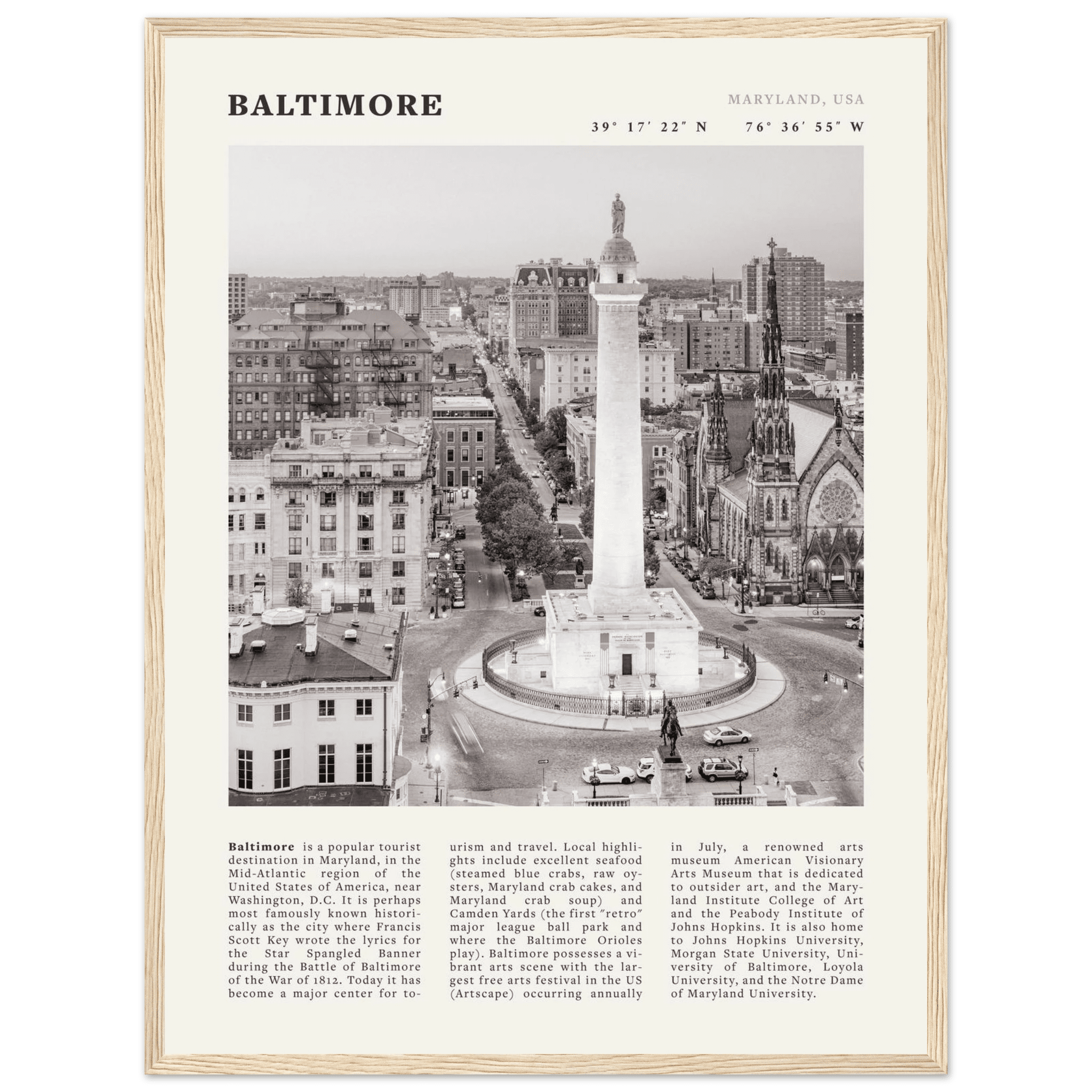 Baltimore Poster | Black & White Maryland City Wall Art | USA Travel Print - Evergreen Posters