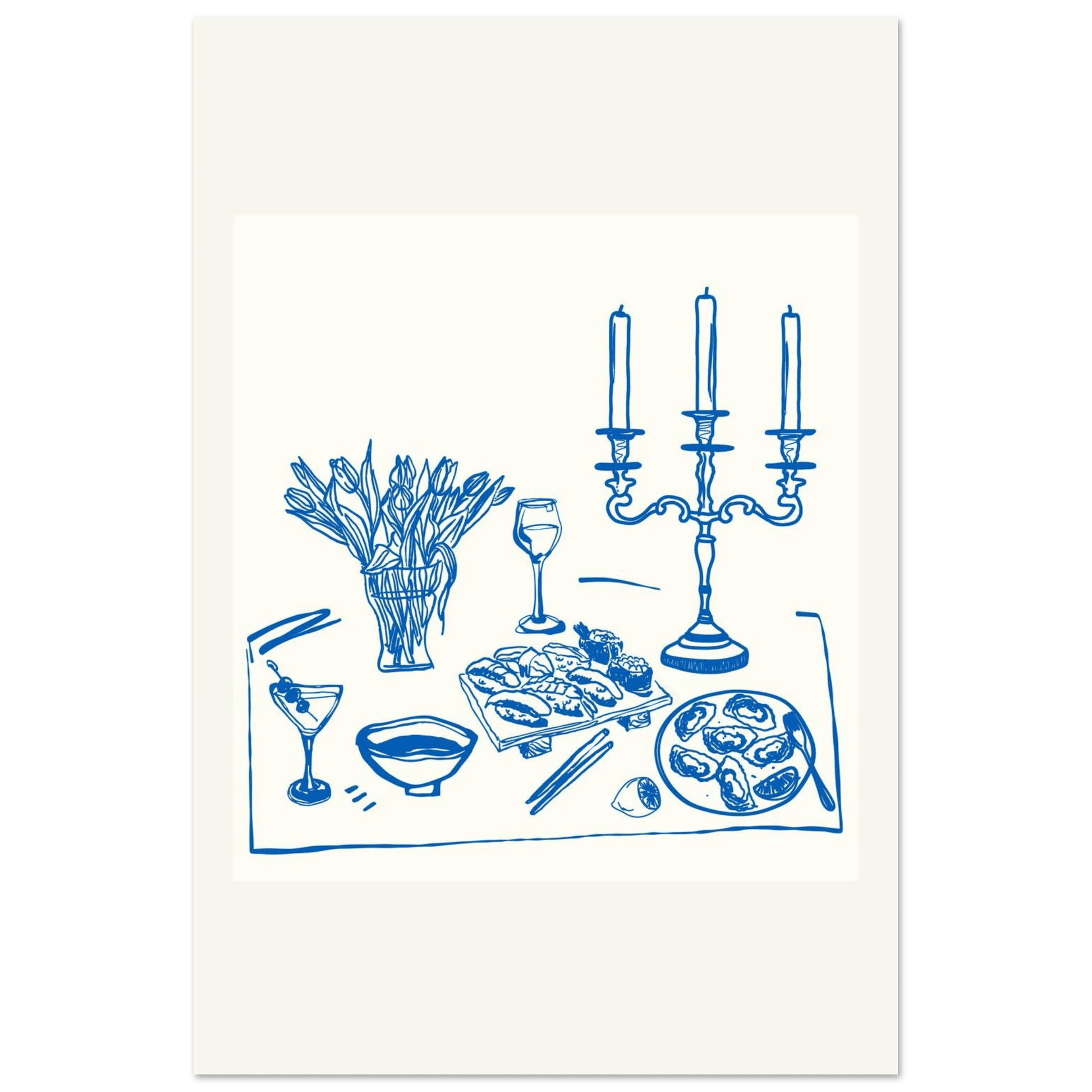 Fine Dining Table Print | Blue Line Art Kitchen Wall Art | Elegant Dining Room Poster - Evergreen Posters
