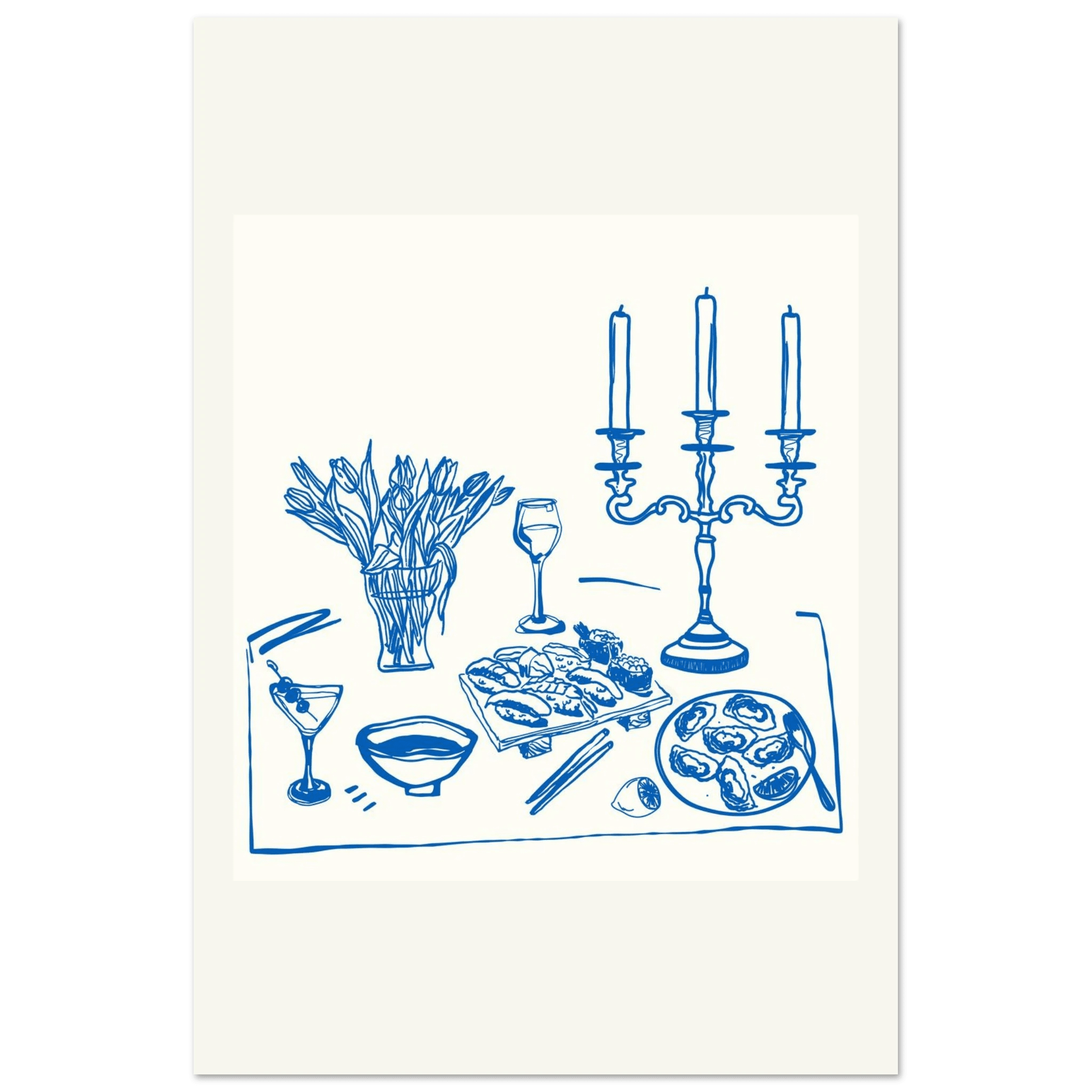 Fine Dining Table Print | Blue Line Art Kitchen Wall Art | Elegant Dining Room Poster - Evergreen Posters