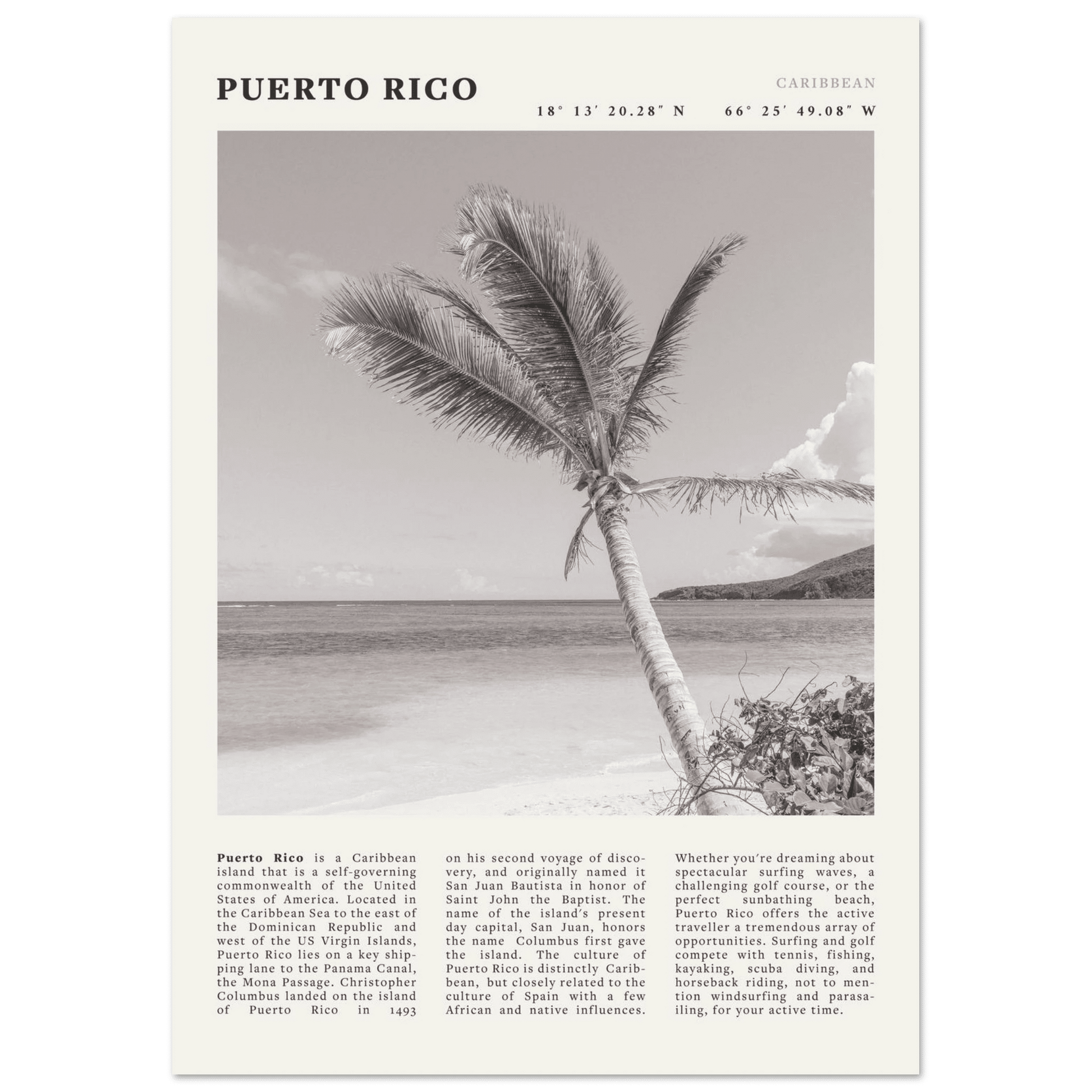 Puerto Rico Poster Black and White – Vintage Caribbean Palm Beach Print (Digital & Printed Options) - Evergreen Posters