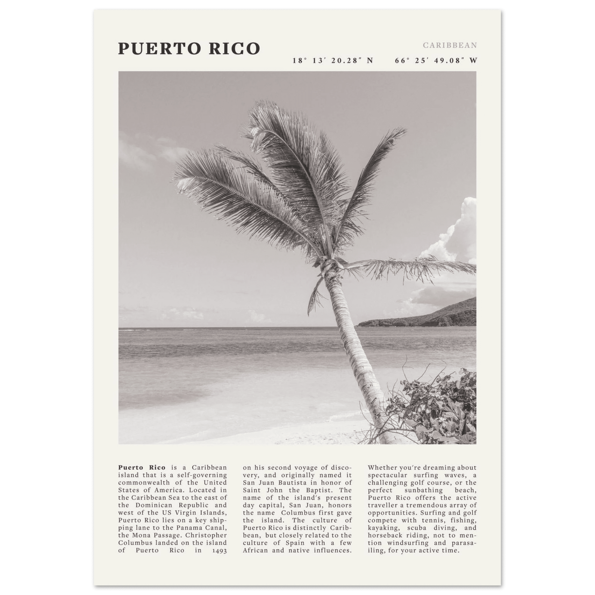 Puerto Rico Poster Black and White – Vintage Caribbean Palm Beach Print (Digital & Printed Options) - Evergreen Posters