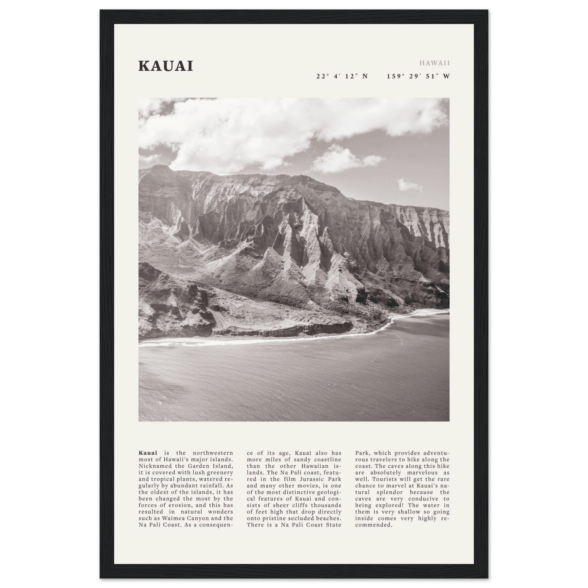 Kauai Poster | Black & White Na Pali Coast Wall Art | Hawaii Travel Print Decor - Evergreen Posters