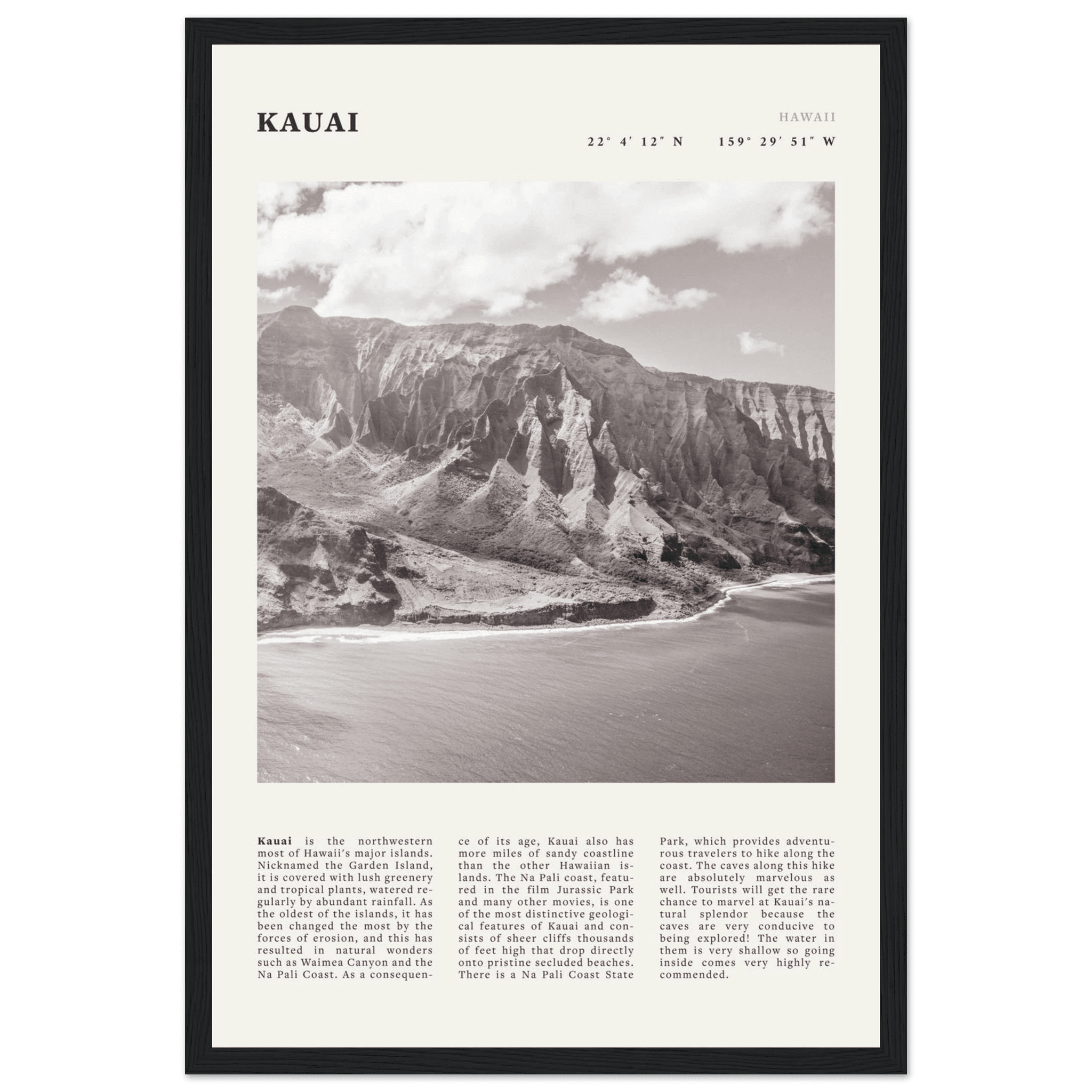 Kauai Poster | Black & White Na Pali Coast Wall Art | Hawaii Travel Print Decor - Evergreen Posters